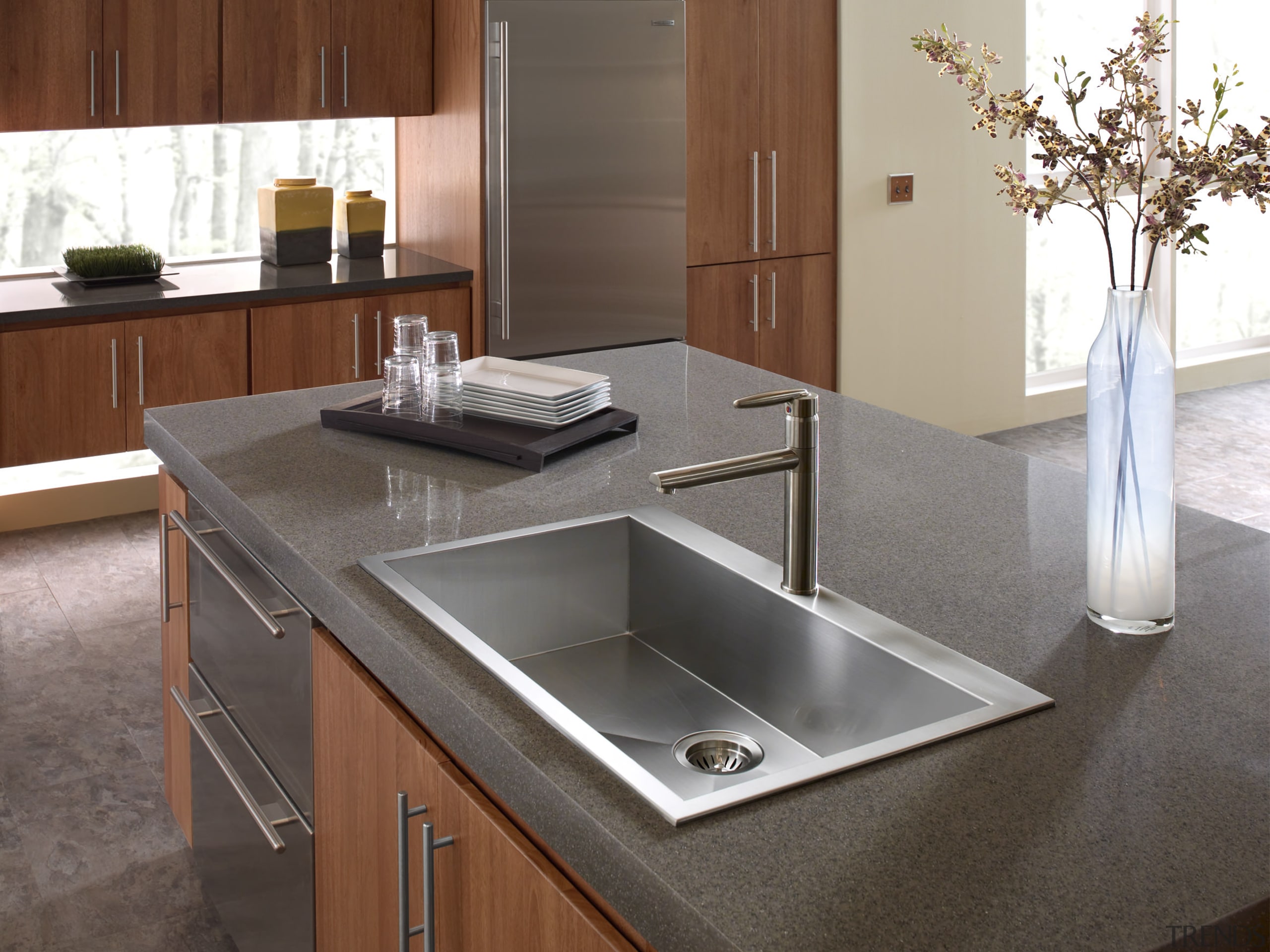 Topmount sinks are also finding favour - the bathroom sink, countertop, cuisine classique, kitchen, plumbing fixture, sink, tap, gray, brown