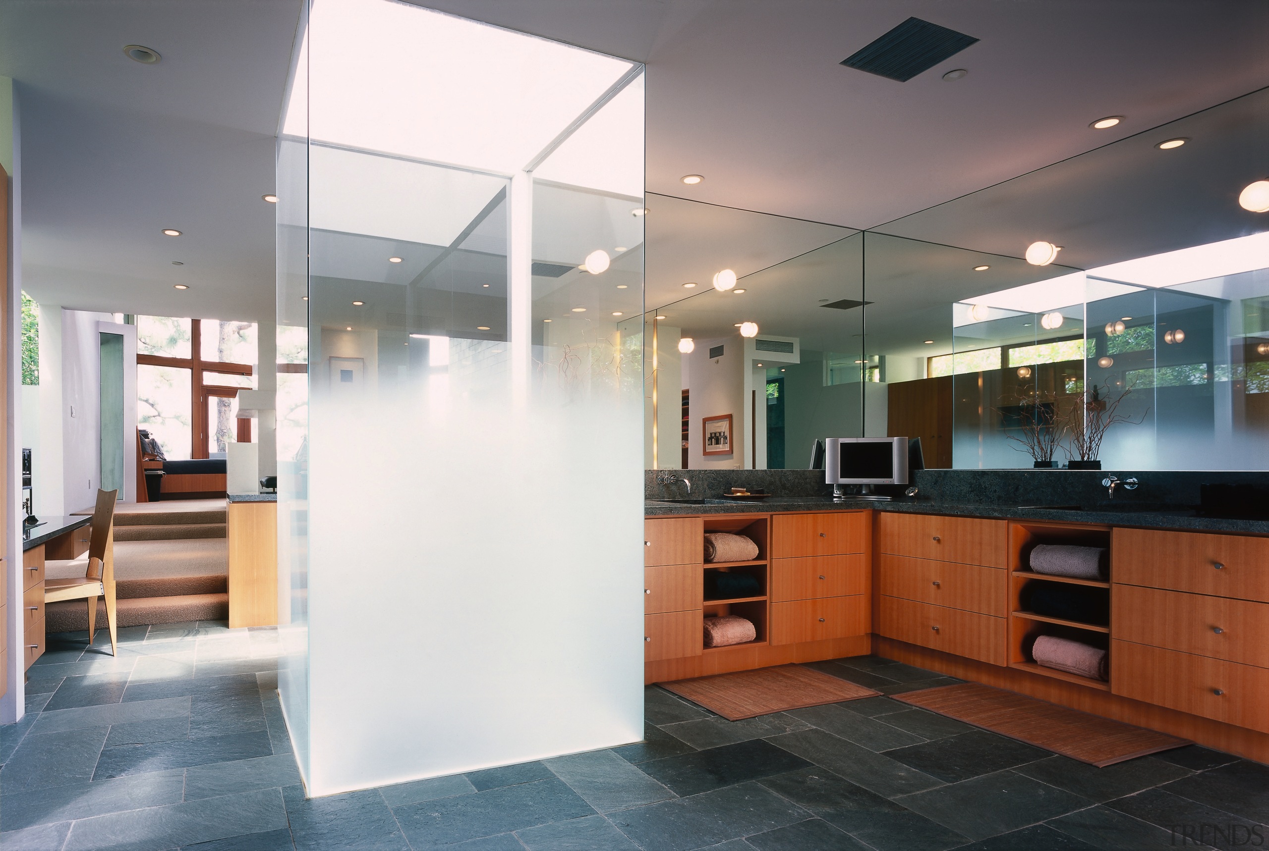 Walls of mirrors in the media room and architecture, ceiling, interior design, kitchen, real estate, gray, white