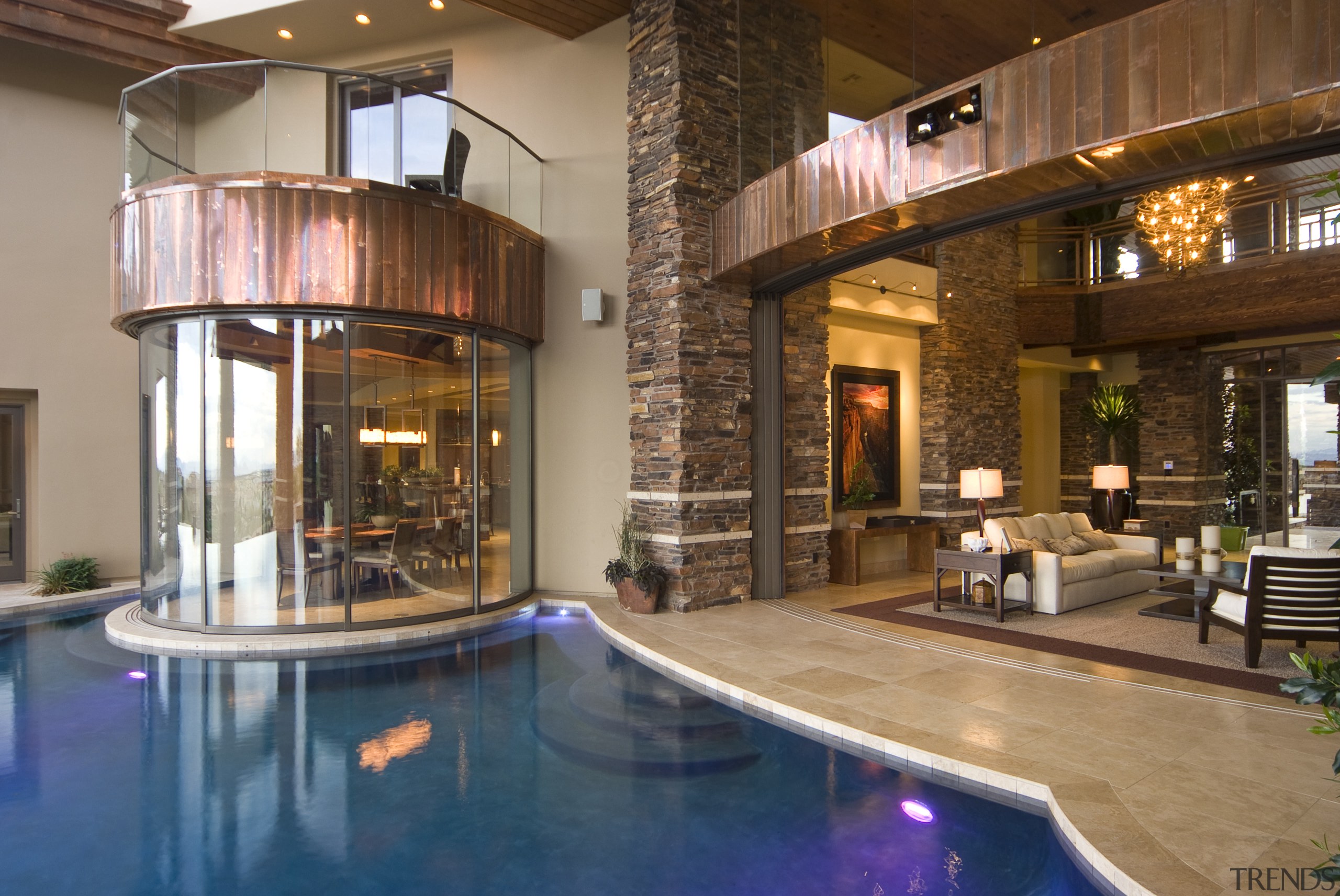 Interior view of the pool area with tiling, estate, home, interior design, lobby, property, real estate, swimming pool, brown