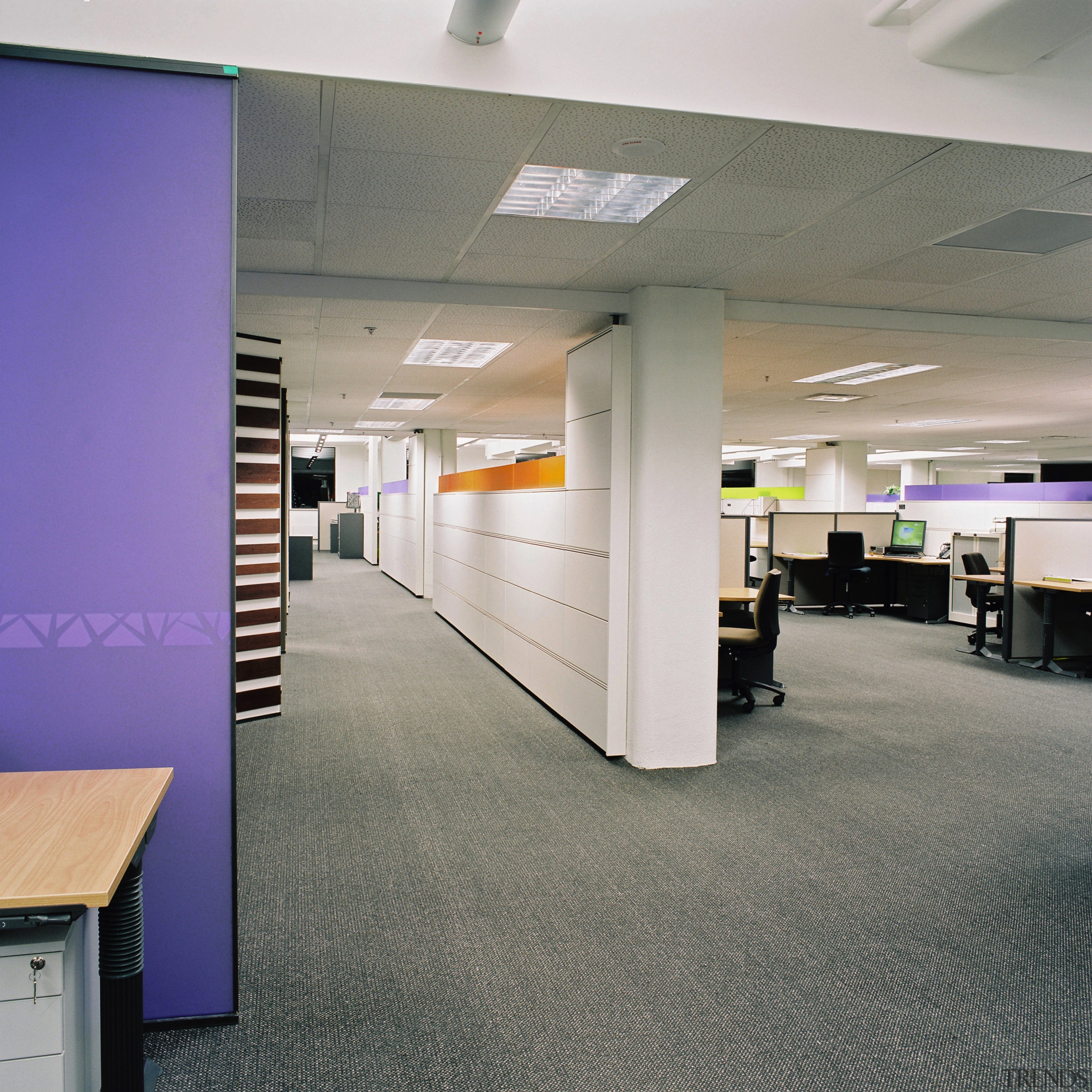 A view of the contemporary modern office space ceiling, floor, flooring, interior design, office, gray