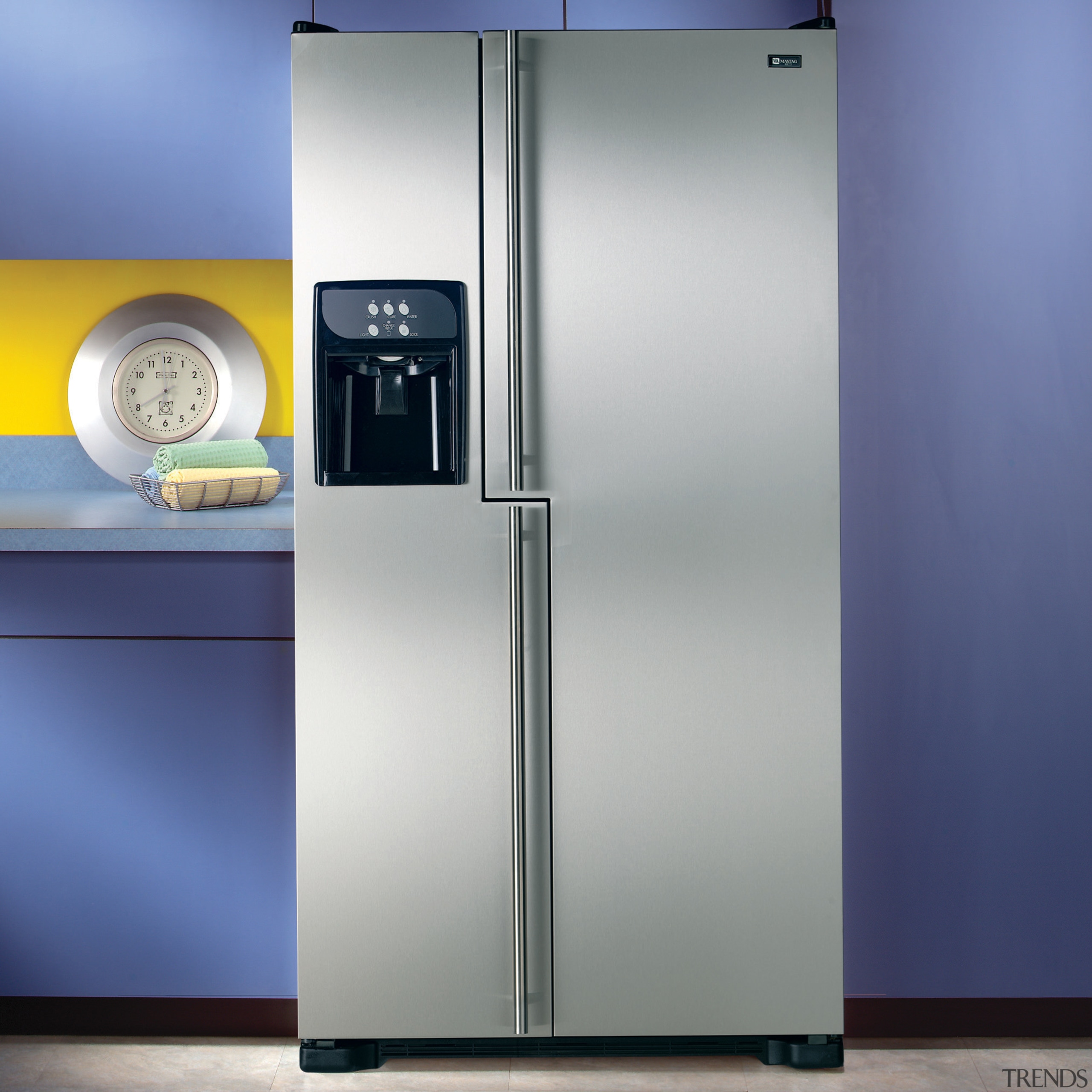 Blue and yellow kitchen with Stainless steel finish home appliance, kitchen appliance, major appliance, product, product design, refrigerator, blue, gray