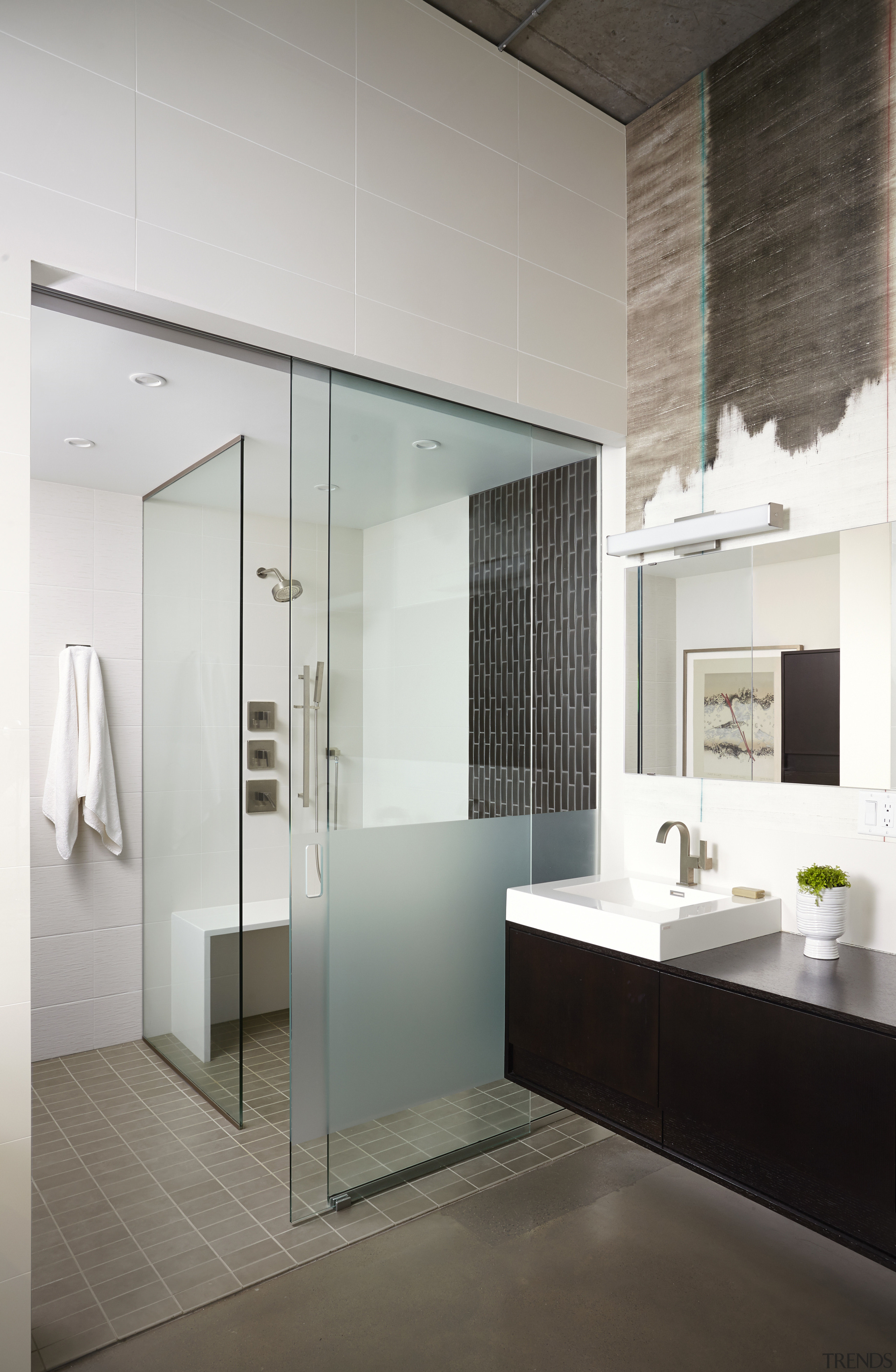 In this apartment project, the master suite shower bathroom, floor, interior design, sink, gray, white