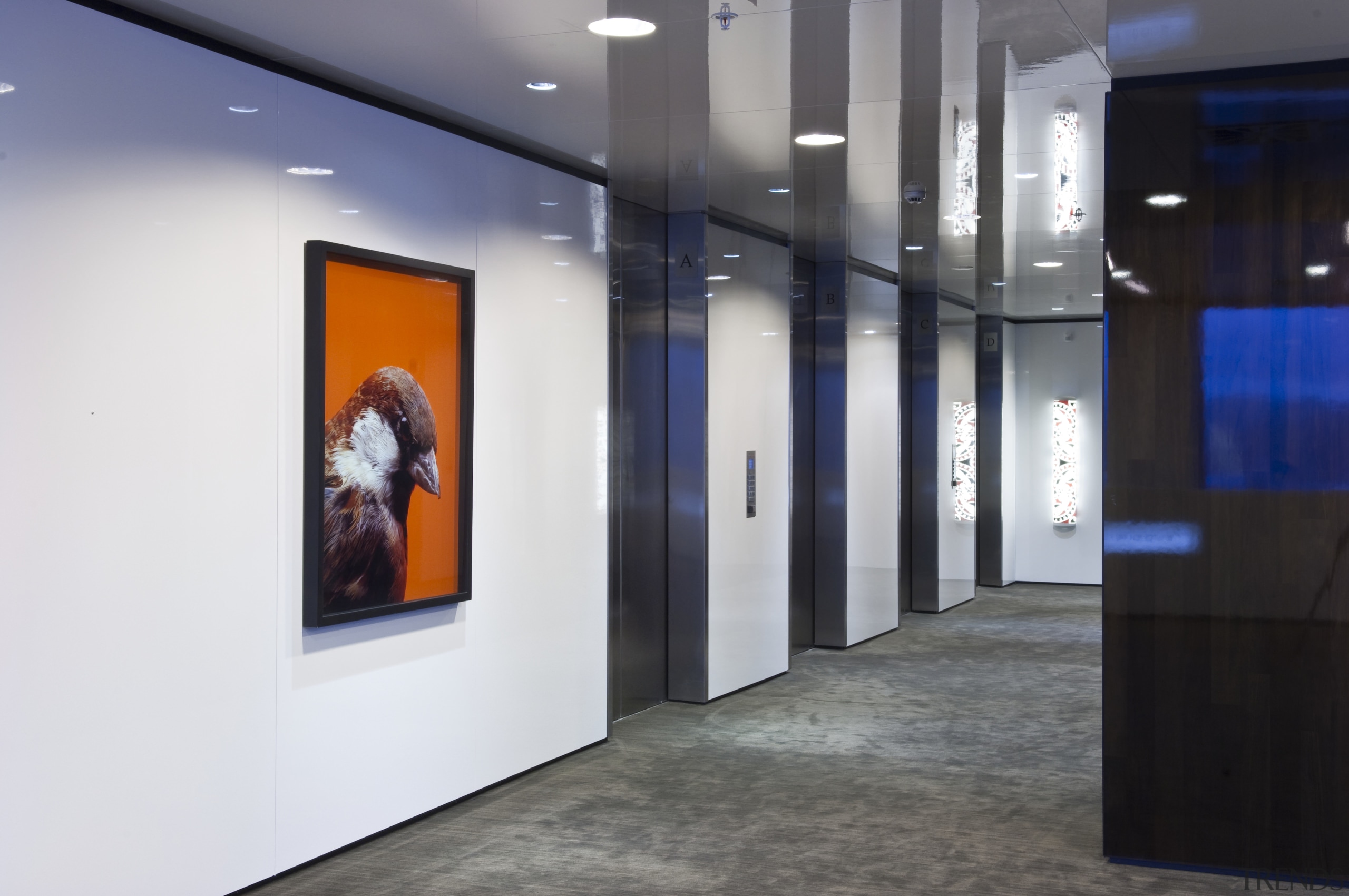 Interior view of the lift lobby within this art exhibition, art gallery, exhibition, interior design, lobby, white, gray