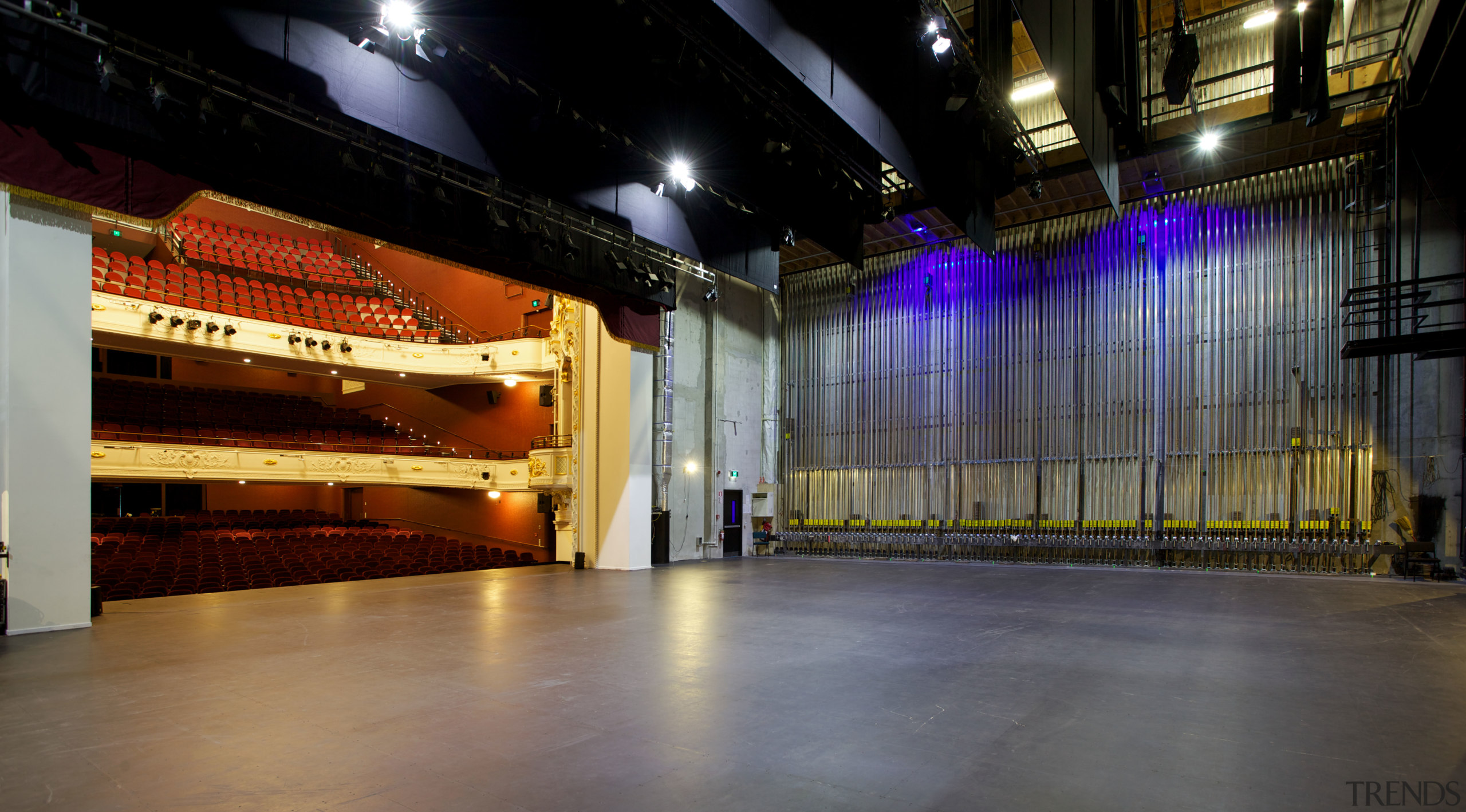 The stage fly tower of the Isaac Theatre auditorium, performing arts center, stage, theatre, black, gray