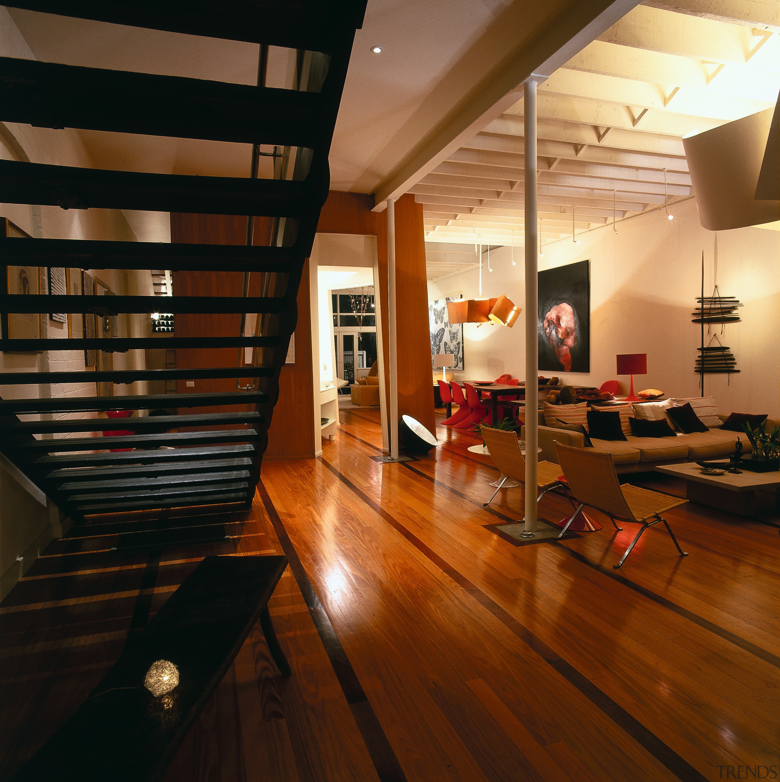 View of this living area - View of architecture, ceiling, floor, flooring, hardwood, interior design, laminate flooring, living room, loft, room, wood, wood flooring, brown, black