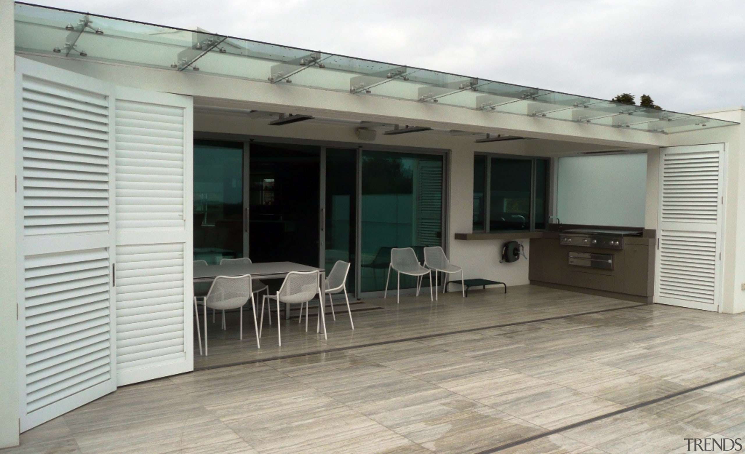 78580_louvretec-new-zealand-ltd_1557361942 - architecture | building | deck | architecture, building, deck, door, facade, floor, flooring, furniture, home, house, interior design, patio, porch, property, real estate, roof, room, shade, siding, gray, white