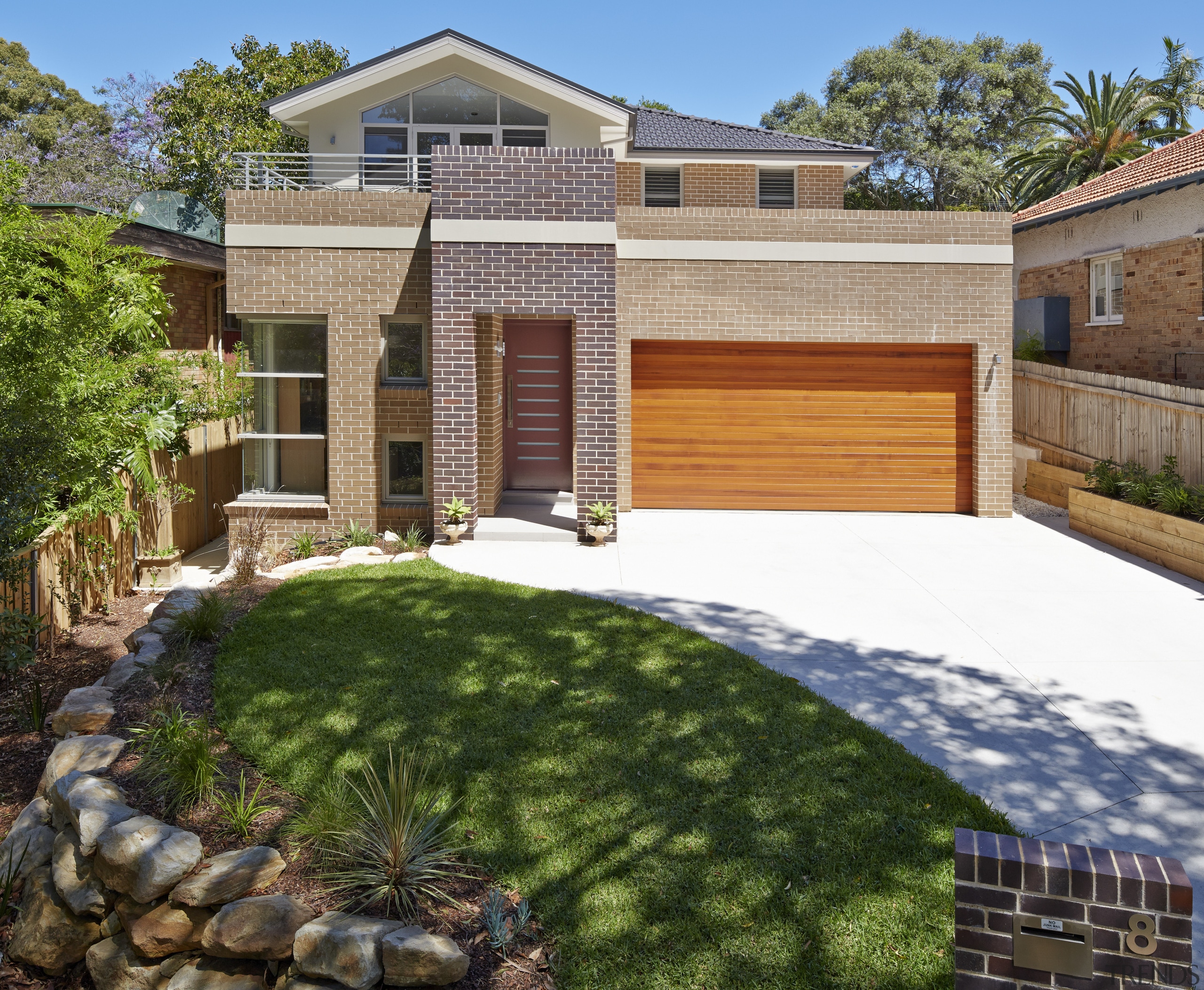 Contemporary house with flow to pool - Contemporary backyard, cottage, courtyard, elevation, estate, facade, grass, home, house, landscape, landscaping, lawn, plant, property, real estate, residential area, siding, yard, brown