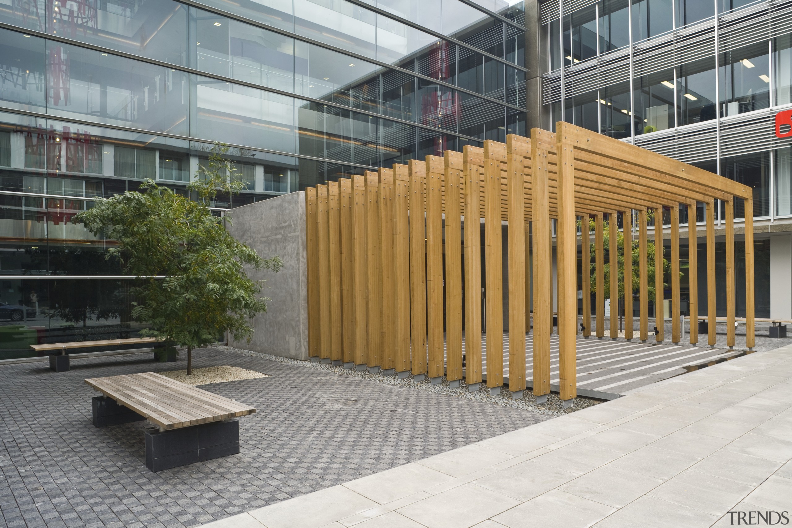 View of the entrance to the main commercial architecture, facade, fence, structure, gray