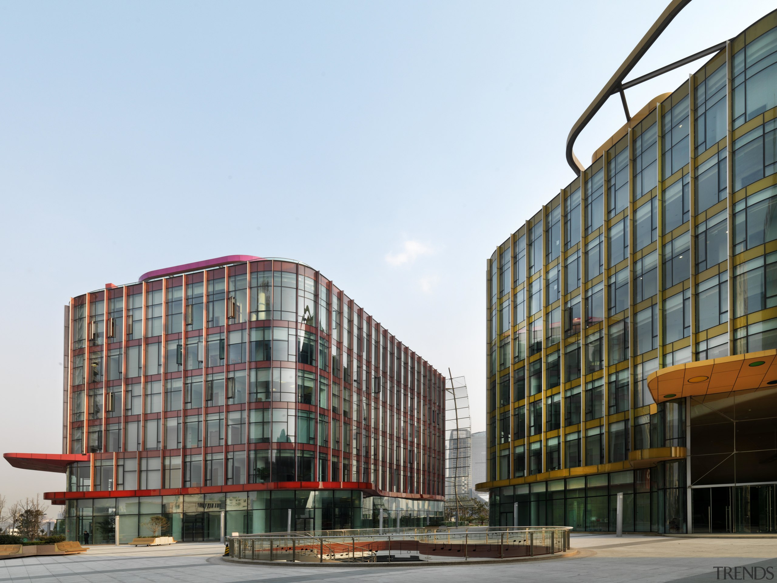 View of the Shanghai International Cruise Terminal. apartment, architecture, building, city, commercial building, condominium, corporate headquarters, daytime, facade, headquarters, metropolis, metropolitan area, mixed use, neighbourhood, residential area, sky, skyscraper, tower block, urban area, white
