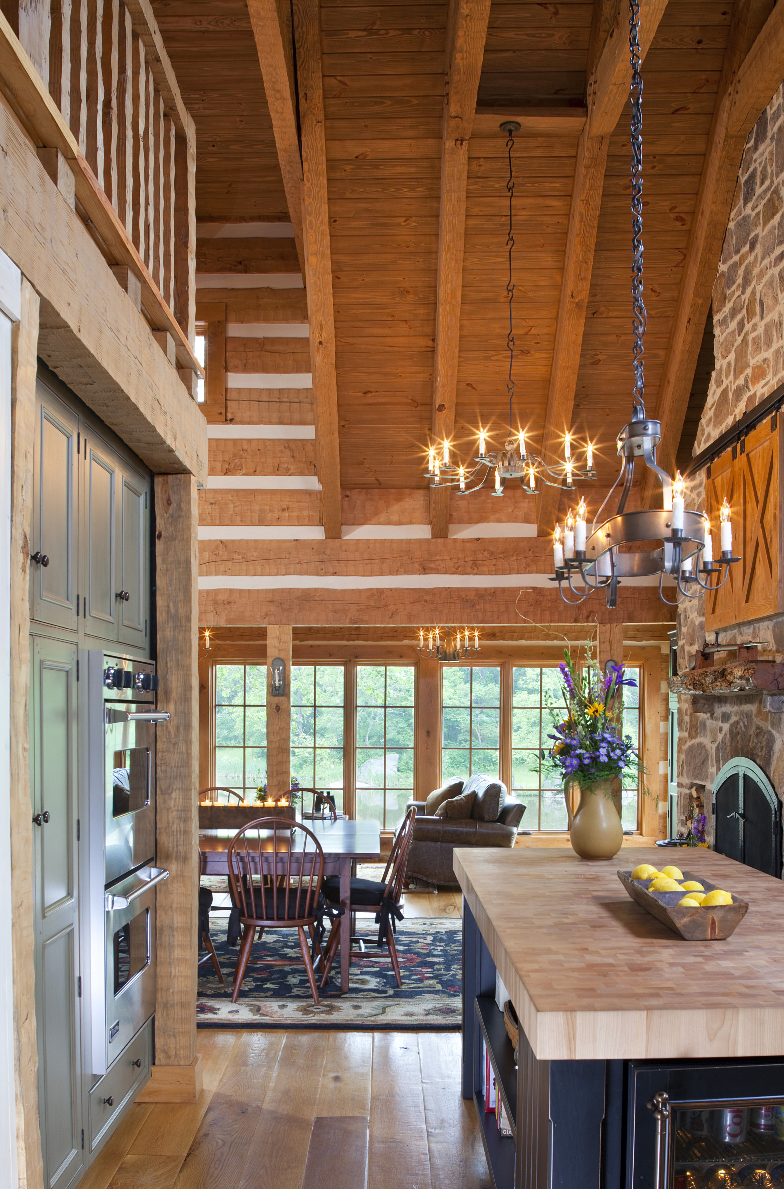 View of kitchen area with wooden ceiling and beam, ceiling, countertop, estate, home, interior design, kitchen, living room, log cabin, real estate, window, wood, brown