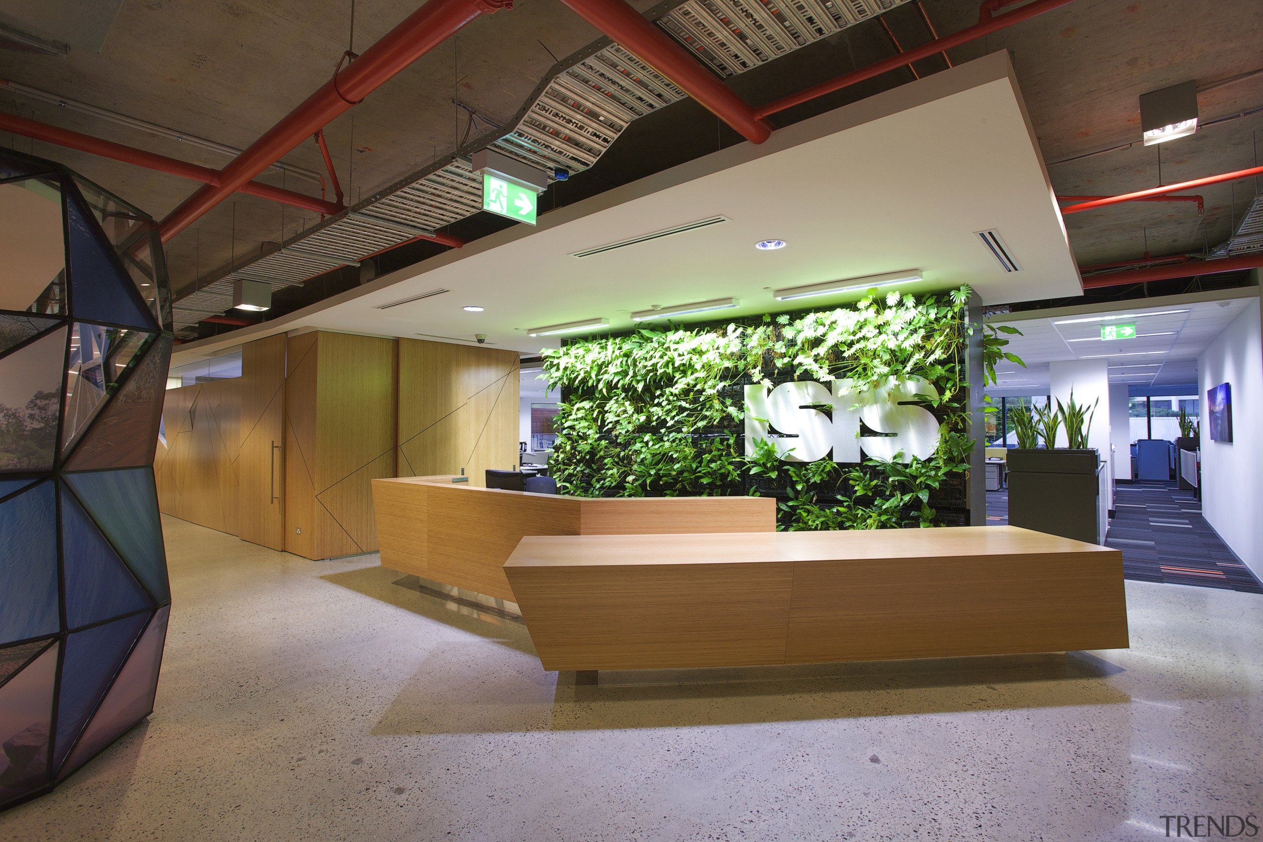 ISIS foyer with wooden reception area and green architecture, ceiling, interior design, lobby, brown