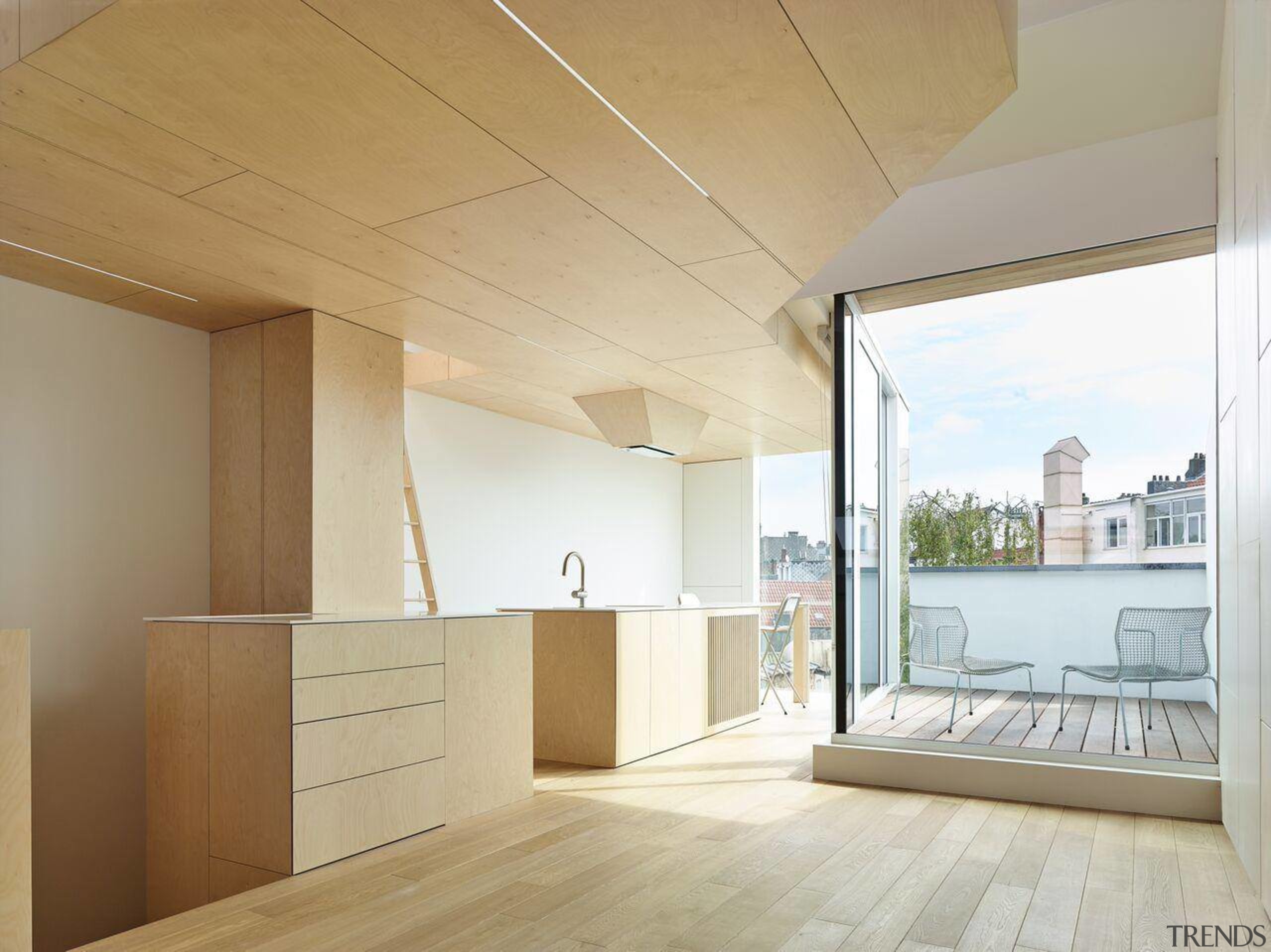 The  new  cantilever  space’s  architecture, ceiling, daylighting, floor, flooring, house, interior design, real estate, wood flooring, gray, brown