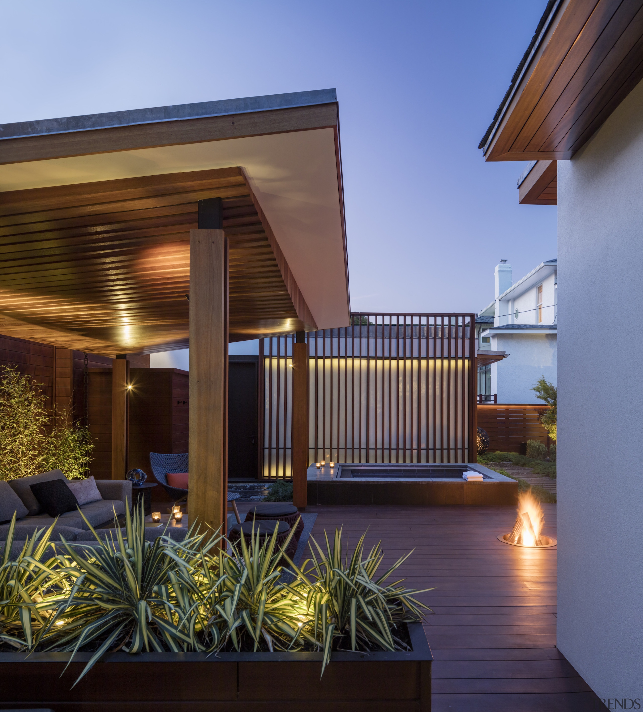 The sheltered outdoor pavilion. - A hip roof 