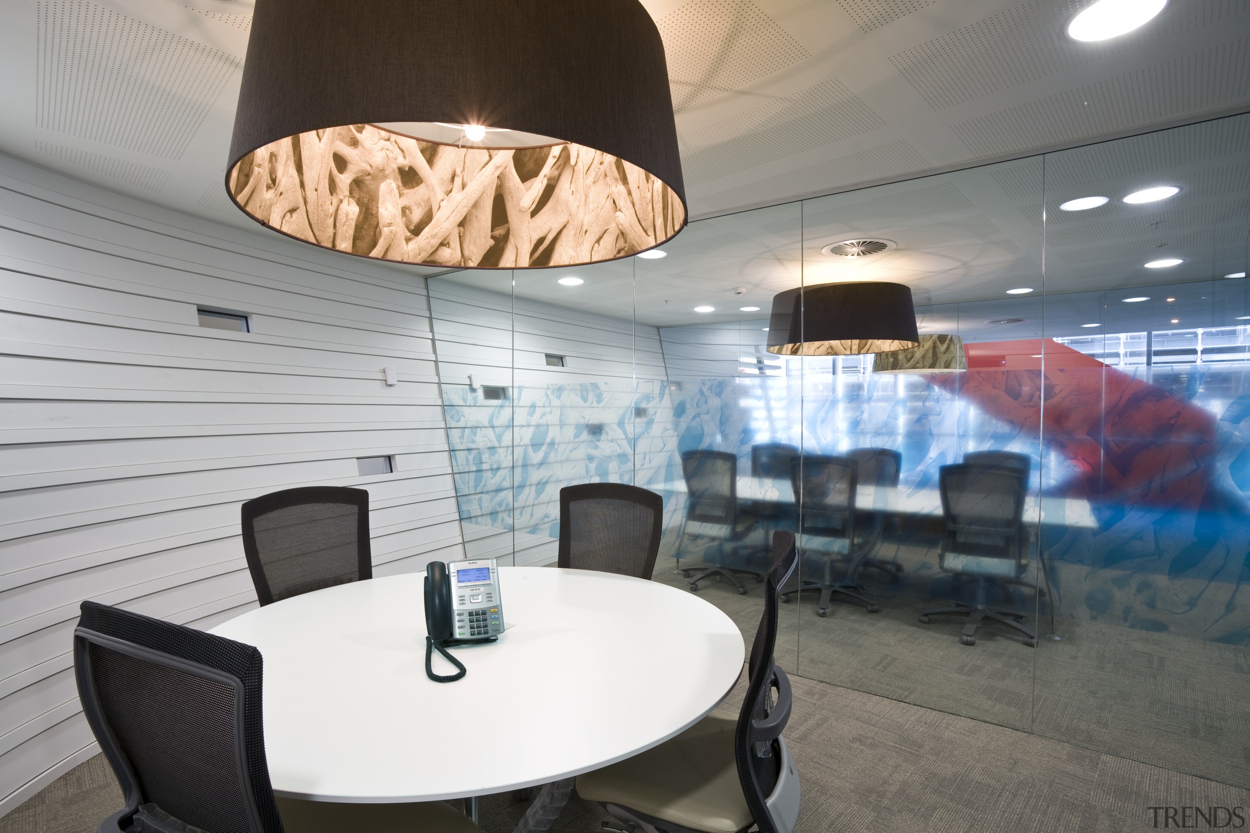 Interior view of the Westpac offices which includes ceiling, interior design, table, gray
