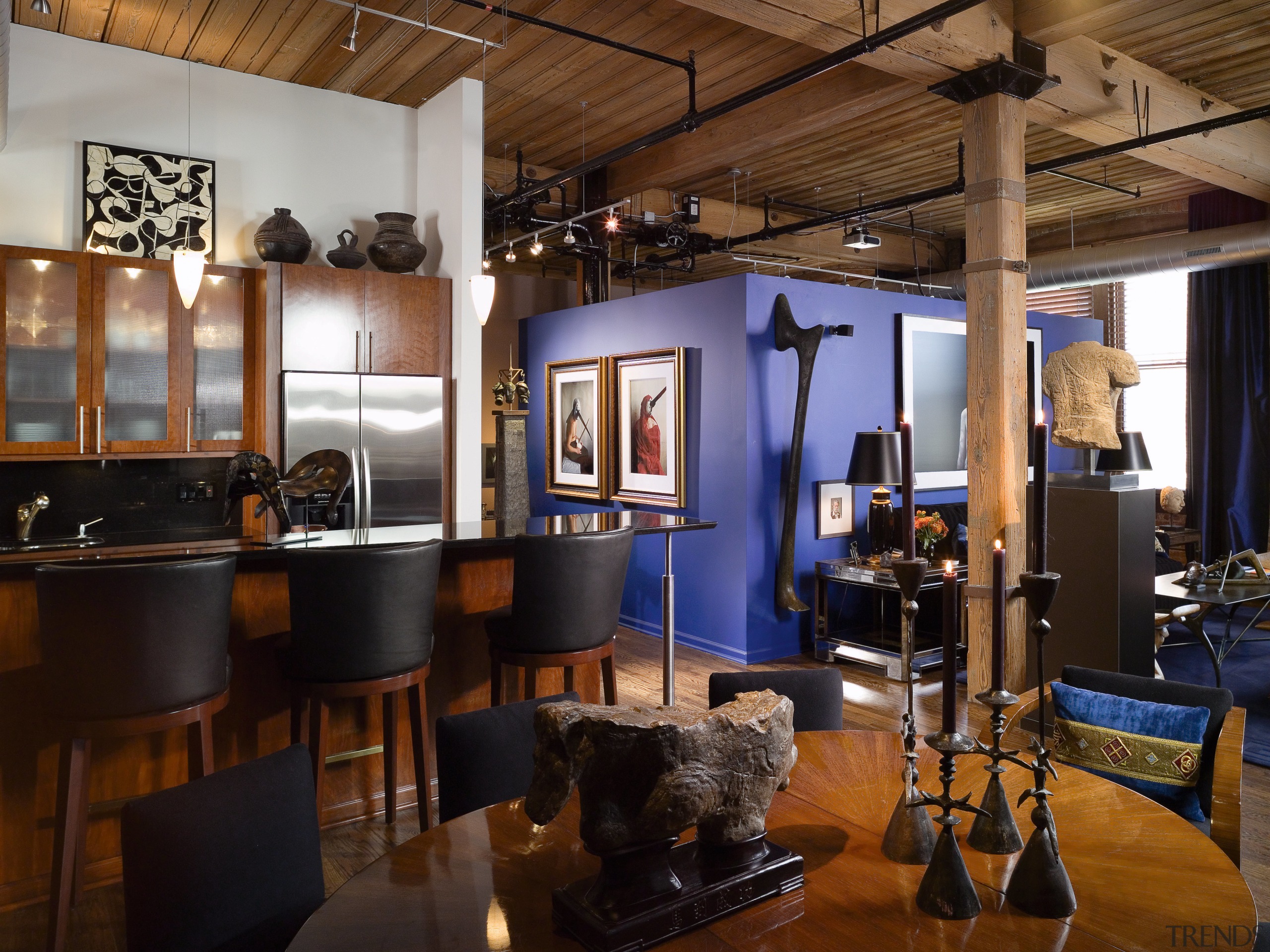 A view of the kitchen and dining areas, interior design, brown, black