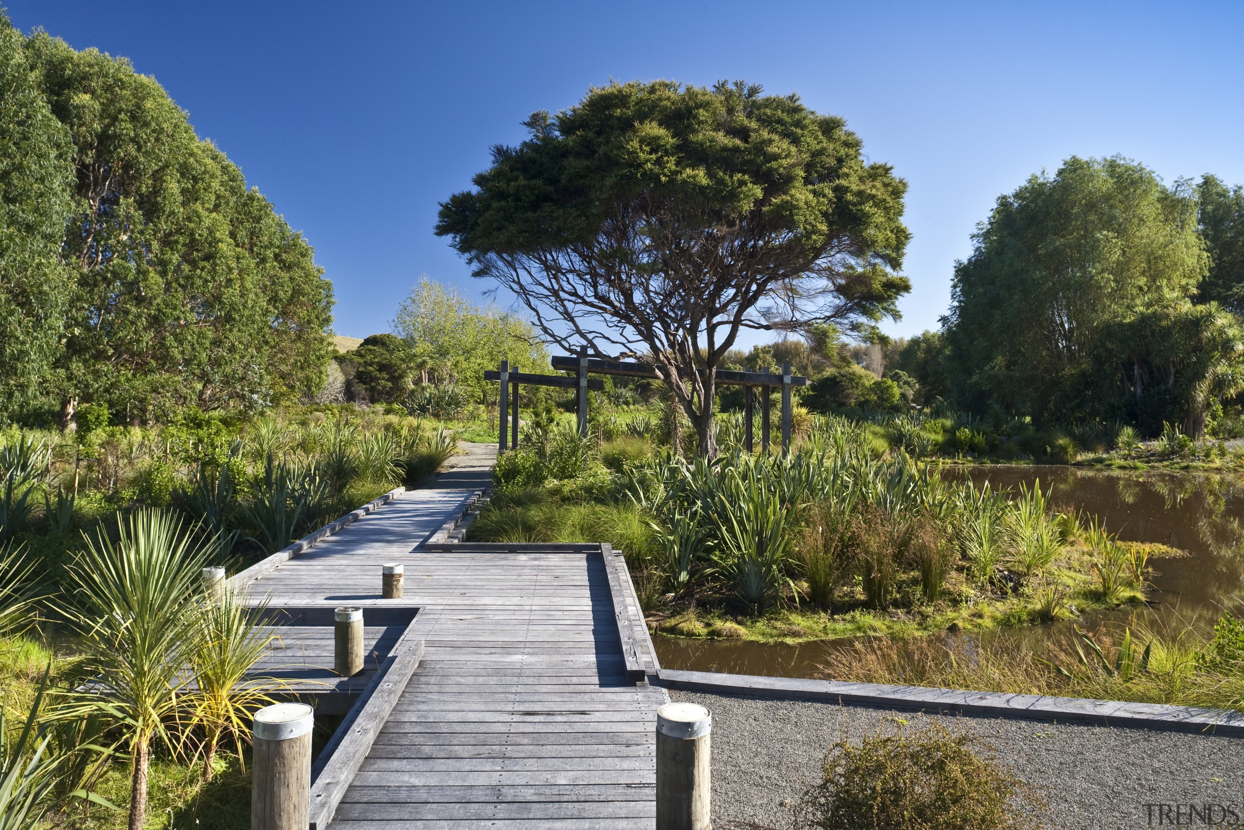 Exterior view of landscaped area surrounding the Ferndale botanical garden, estate, garden, grass, landscape, landscaping, nature reserve, path, plant, real estate, sky, tree, vegetation, walkway, water, wetland, brown