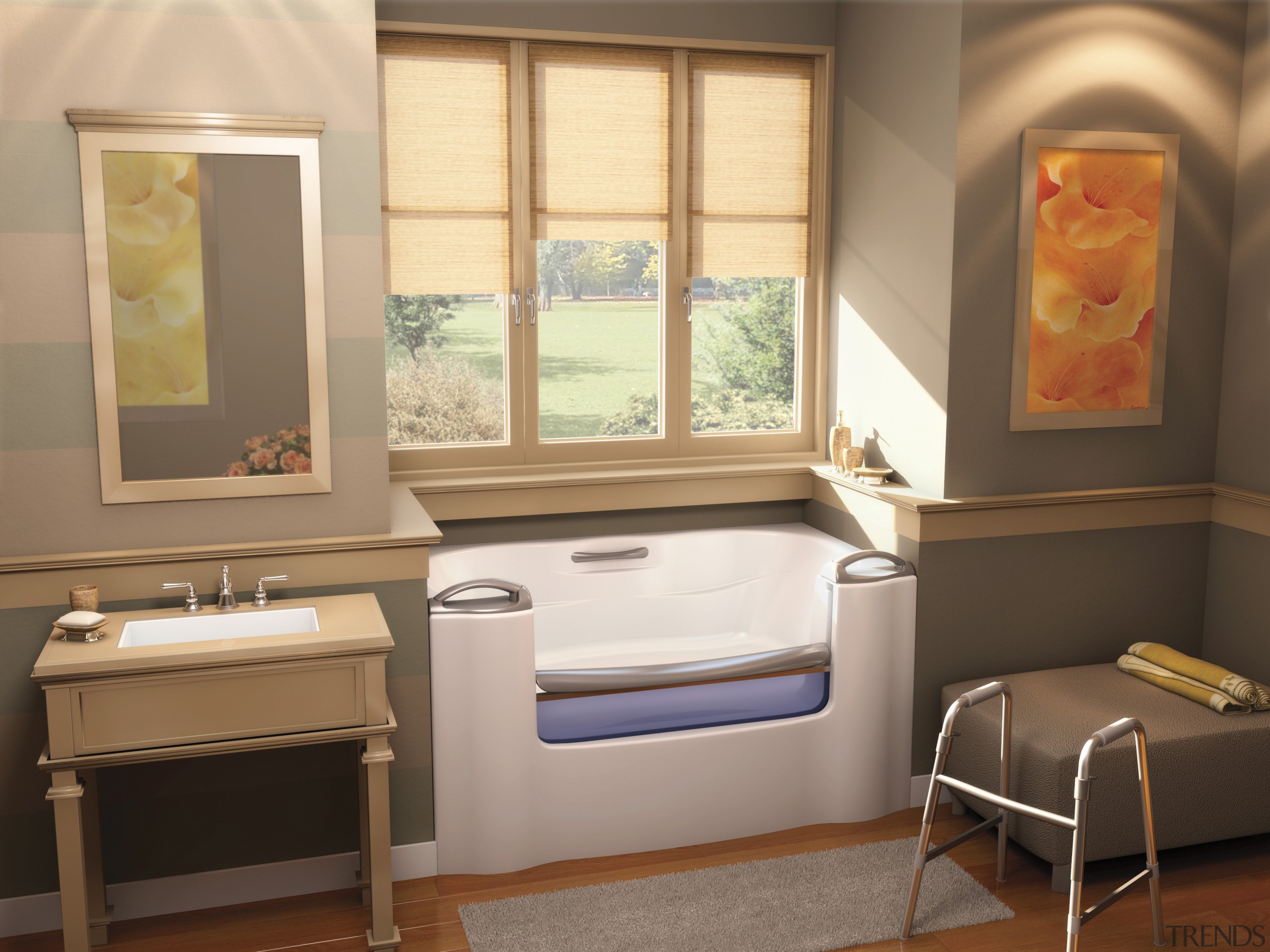 View of a bathroom which features a high-end bathroom, floor, interior design, room, window, brown, orange