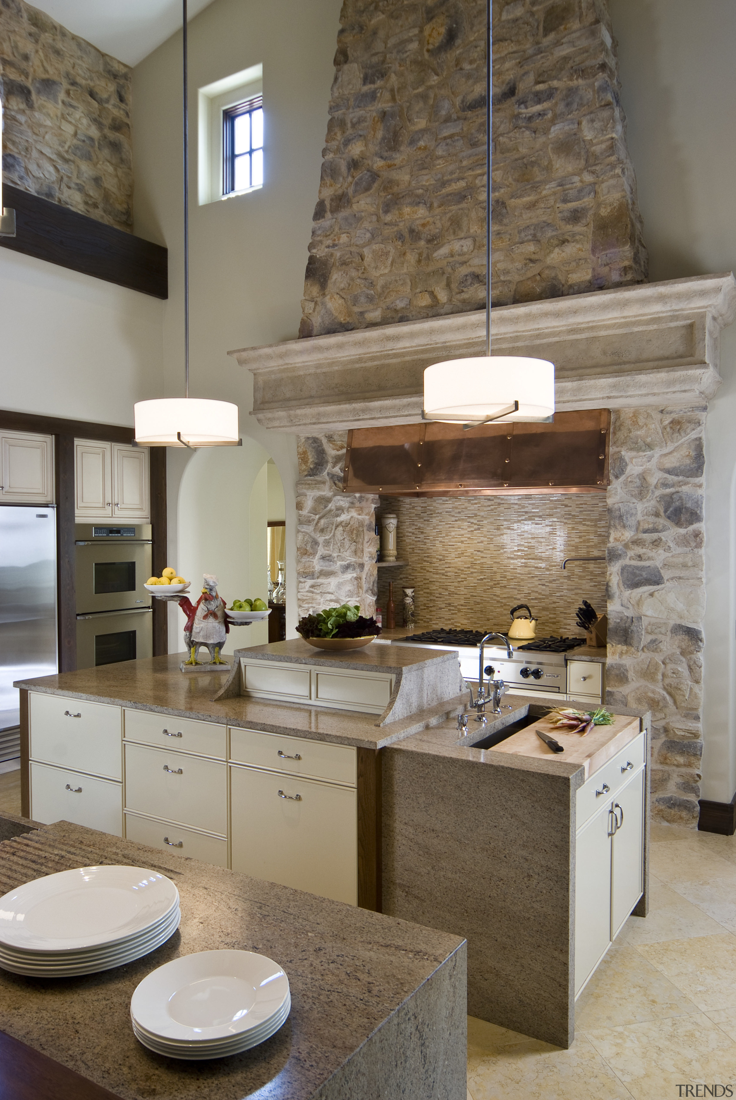 Stone chimney. Italianate villa. Kitchen at one end countertop, cuisine classique, home, interior design, kitchen, room, gray, brown