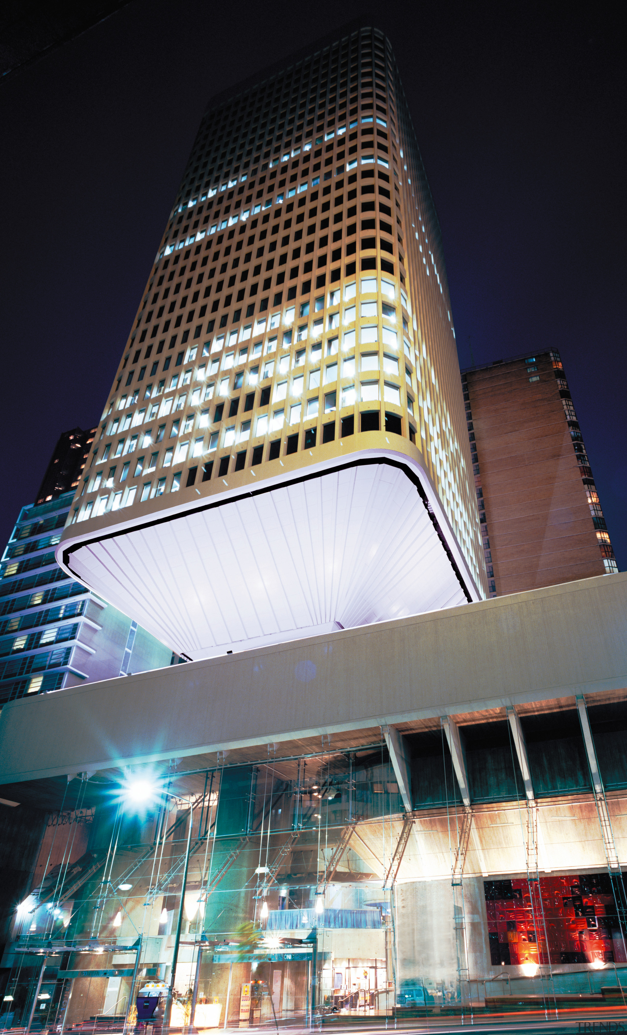 An exterior view of the building. - An architecture, building, city, cityscape, commercial building, condominium, corporate headquarters, daytime, downtown, facade, hotel, landmark, light, lighting, metropolis, metropolitan area, mixed use, night, reflection, sky, skyscraper, tower, tower block, urban area, black