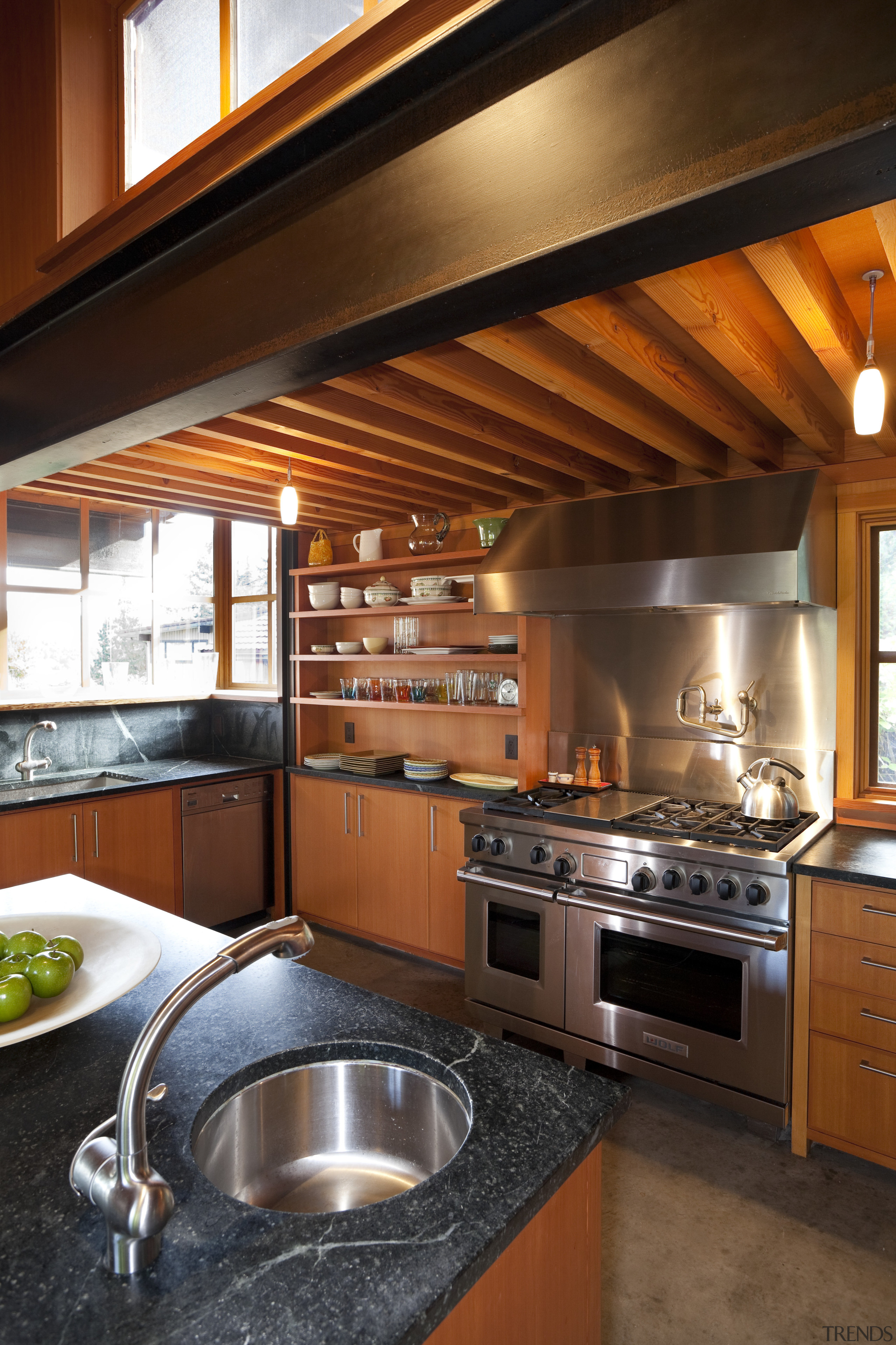 kitchen sink in island, looking towards dual ovens cabinetry, countertop, cuisine classique, interior design, kitchen, room, brown