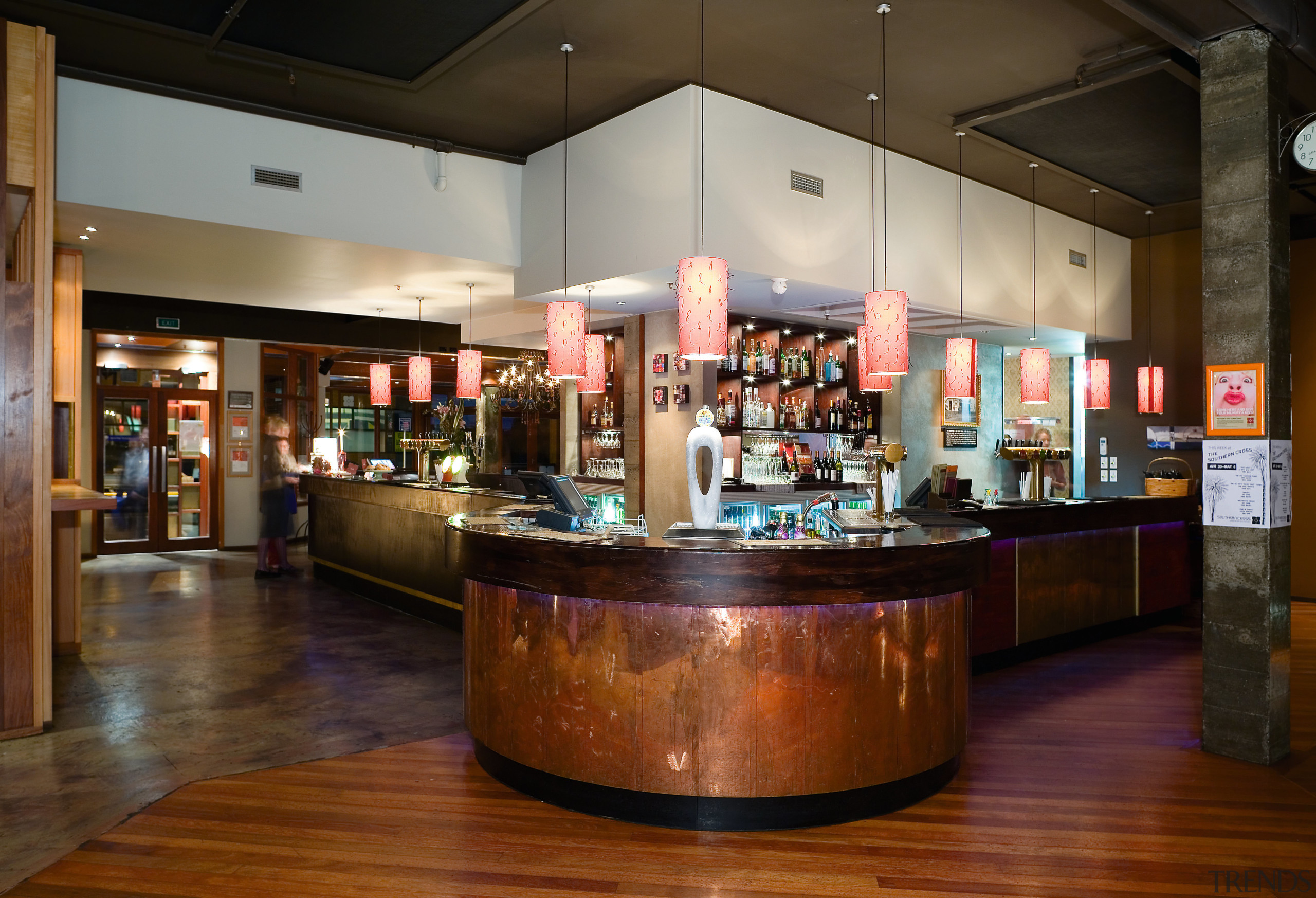 n original brass counter surround was retained and café, interior design, lobby, restaurant, brown, black