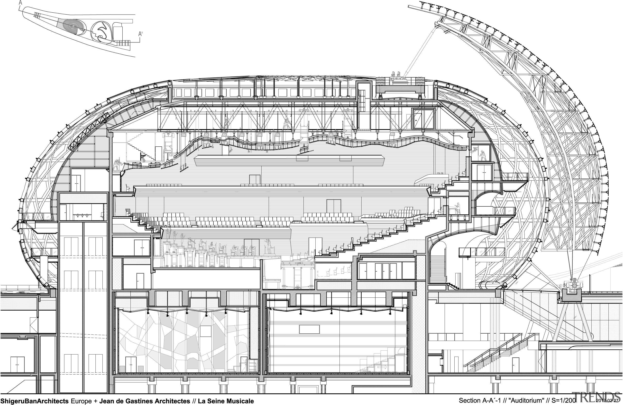 A cross section of the Auditorium at La arch, architecture, area, artwork, black and white, drawing, engineering, floor plan, line, line art, plan, product design, residential area, structure, technical drawing, white