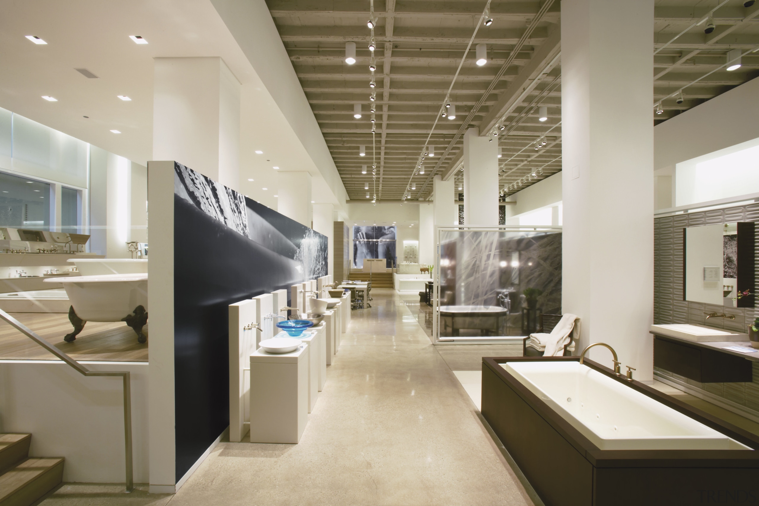 Working models of many Kohler products can be ceiling, floor, interior design, lobby, gray, brown