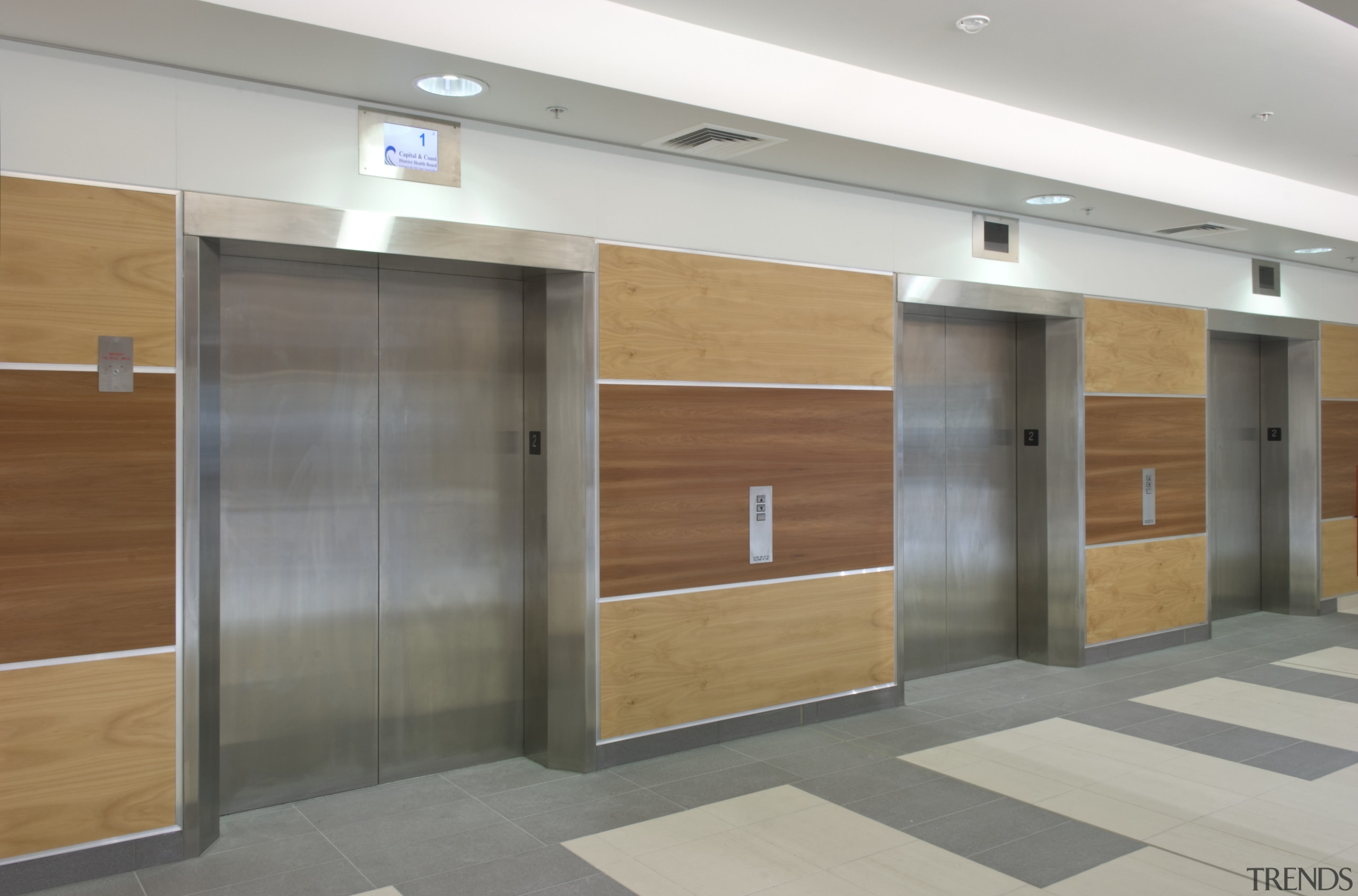 Image of elevators supplied and installed by Schindler door, floor, lobby, gray