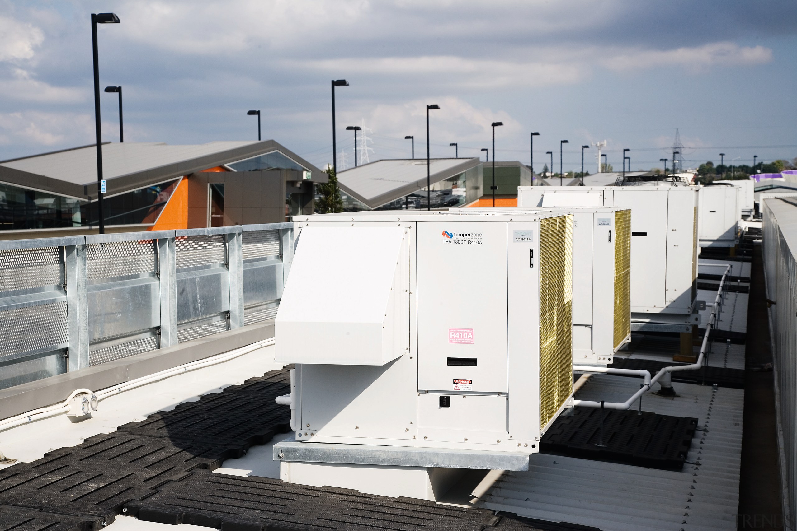 A view of the air conditioning system. - machine, roof, gray, white