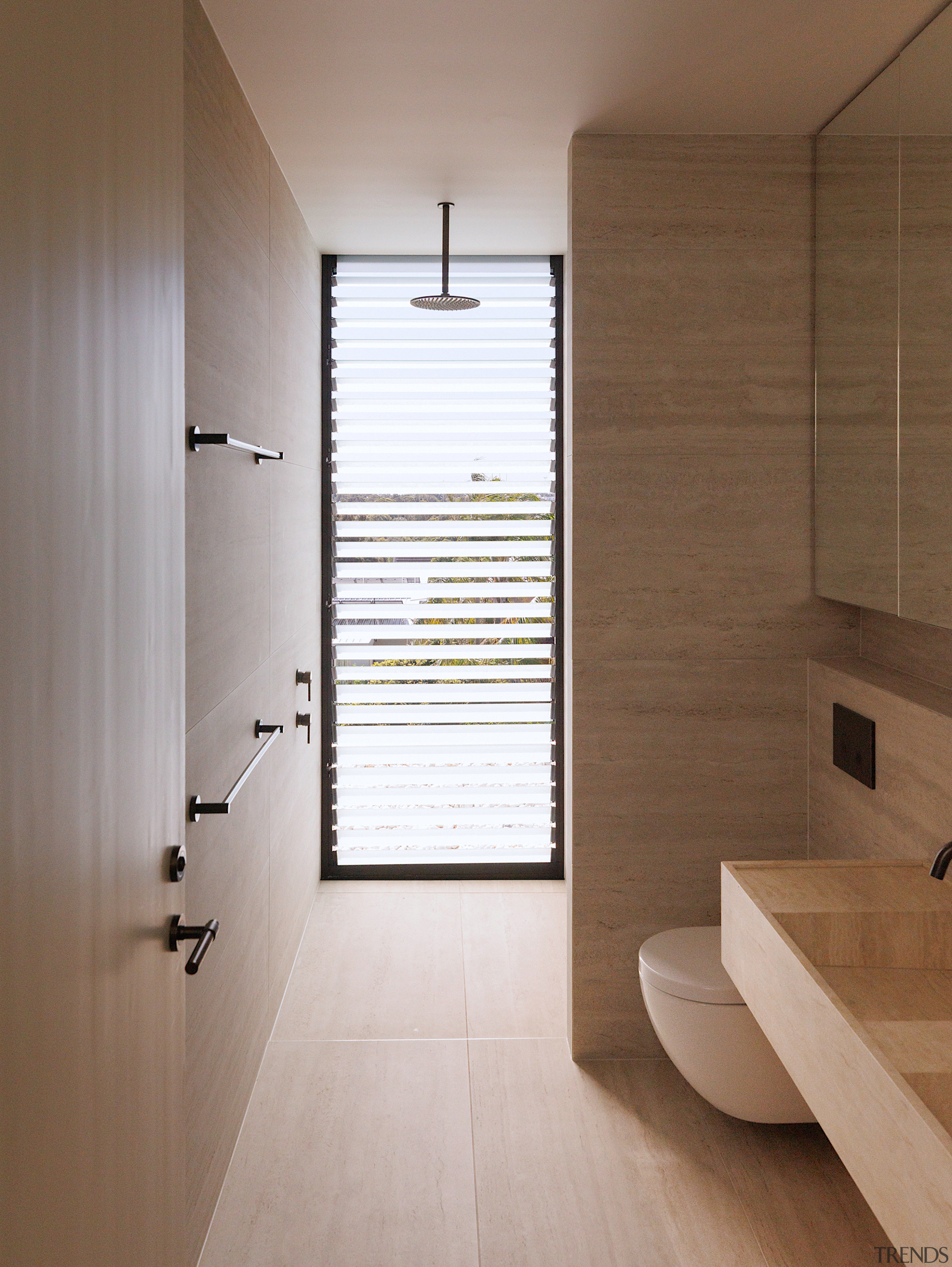 Shutter controlled light and privacy in this bathroom. 