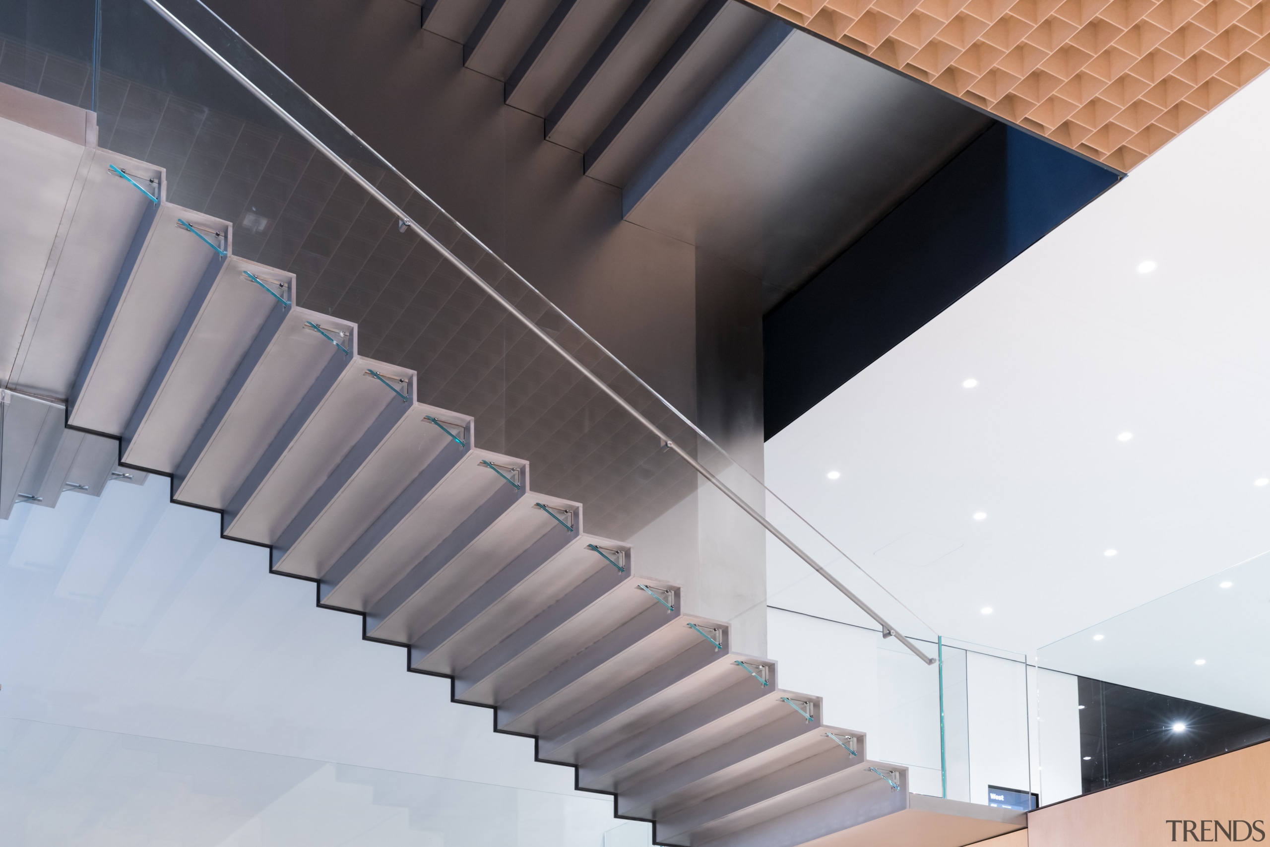 Interior view of The Museum of Modern Art, architecture, ceiling, design, handrail, line, material property, metal, stairs, white, gray