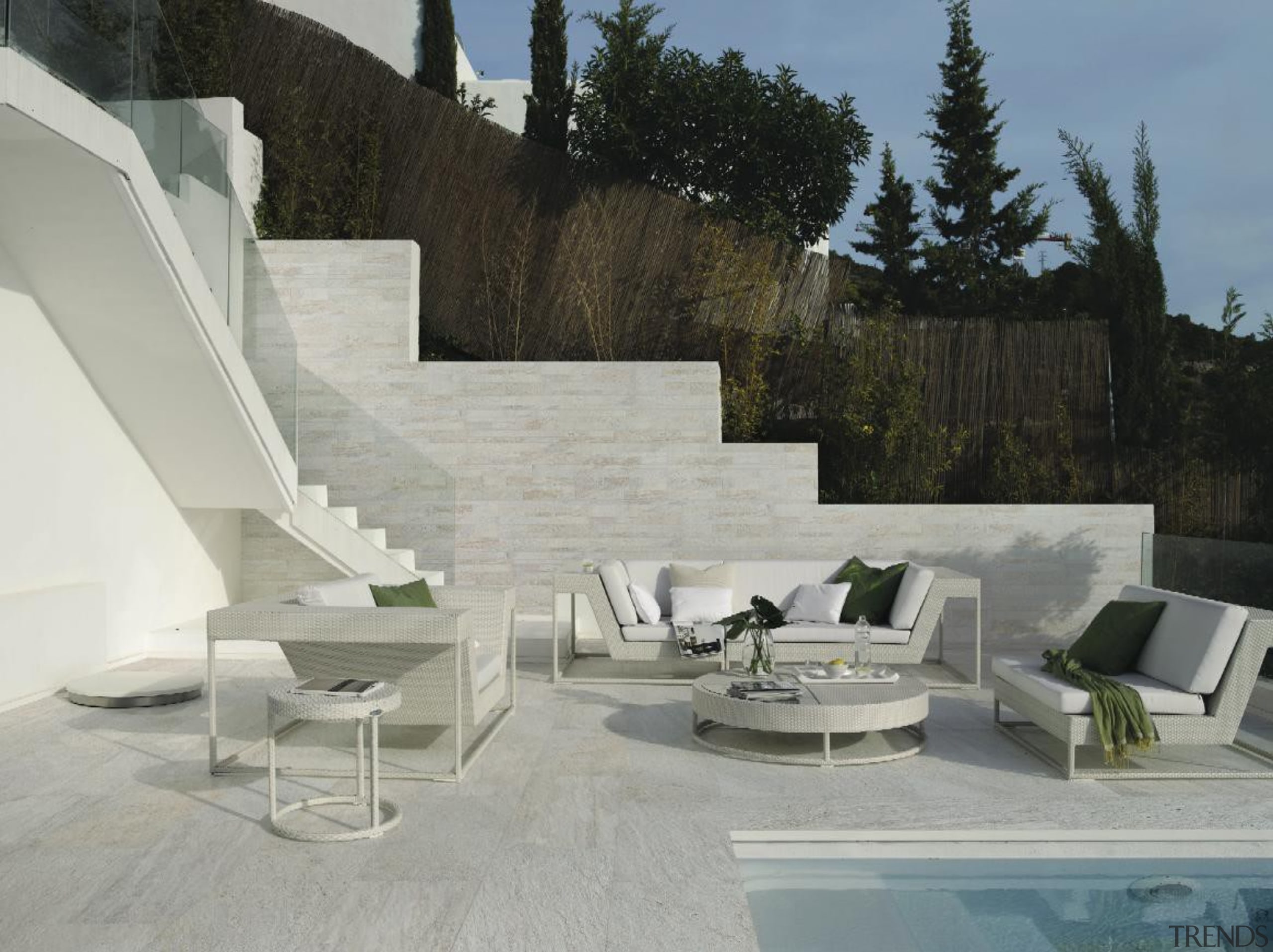 Stone D quarzite bianca exterior floor tiles - angle, architecture, chair, couch, furniture, interior design, outdoor furniture, patio, product design, property, sunlounger, table, wall, gray, black