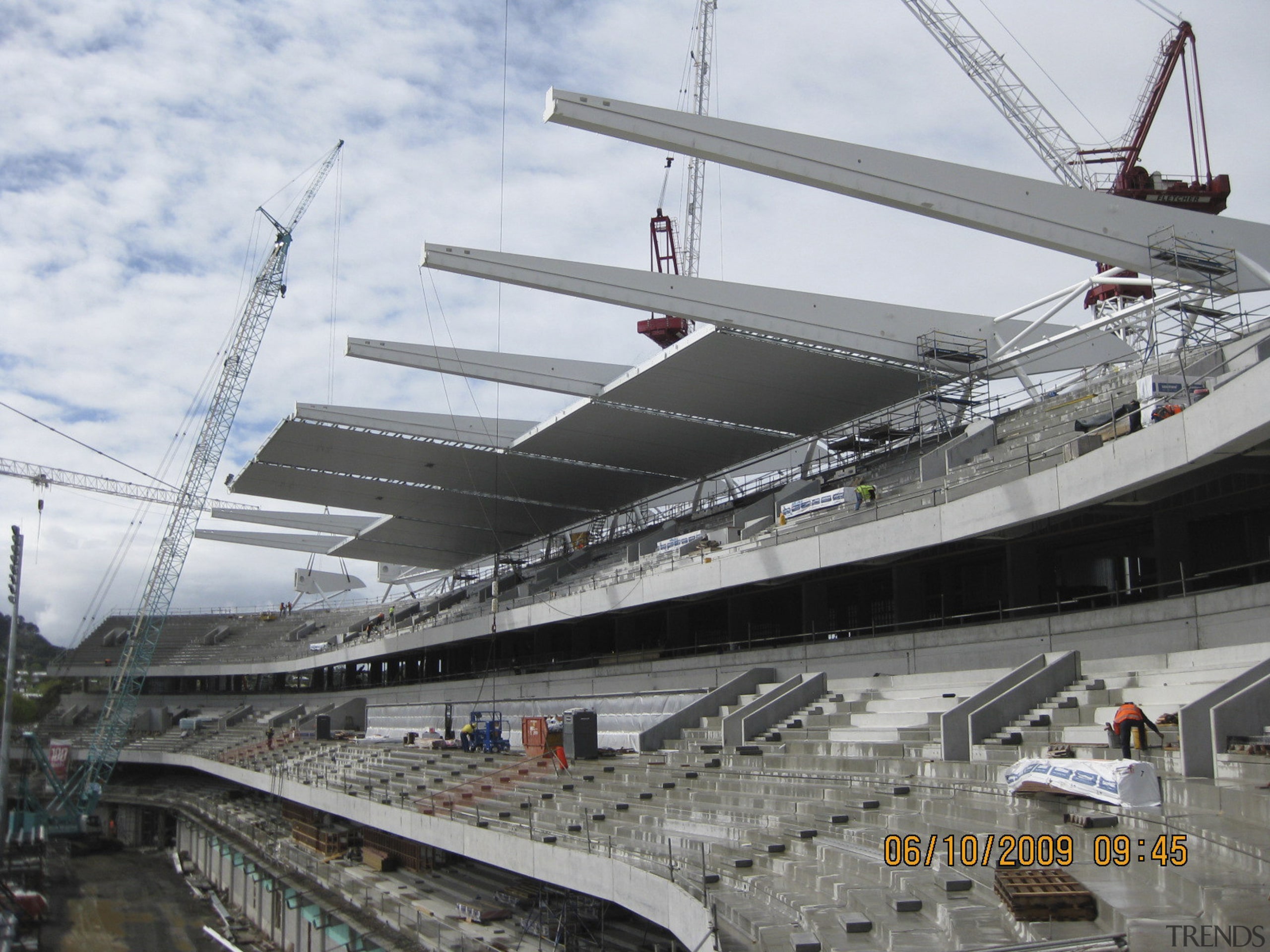 View of the cantilevered roof of the South arena, sport venue, stadium, structure, white, gray