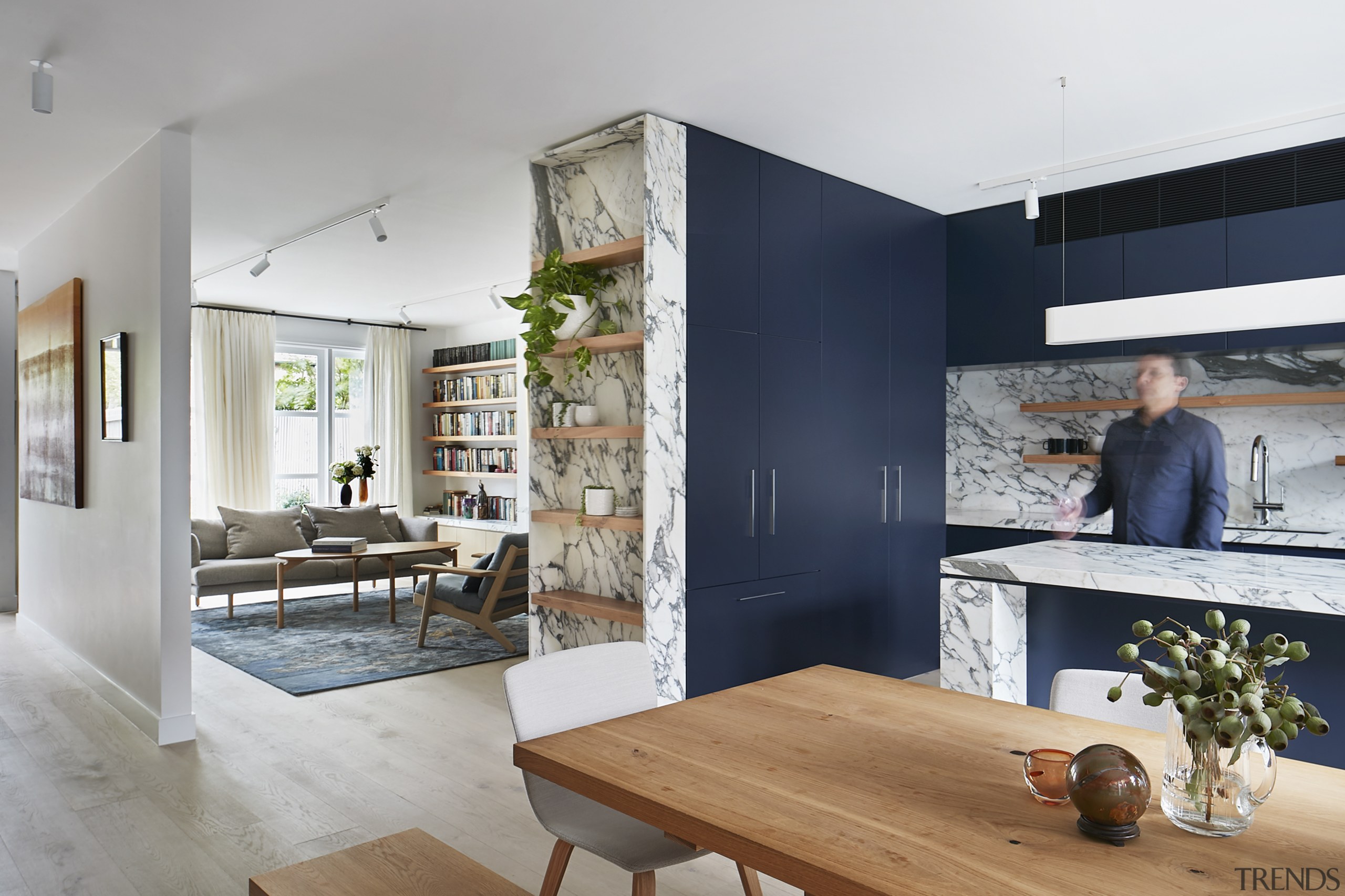 ​​​​​​​For this kitchen design, open timber shelves provide architecture, house, interior design, kitchen, Rob Nerlich, Mcmahon and Nerlich, marble benchtop, countertop, grey cabinetry