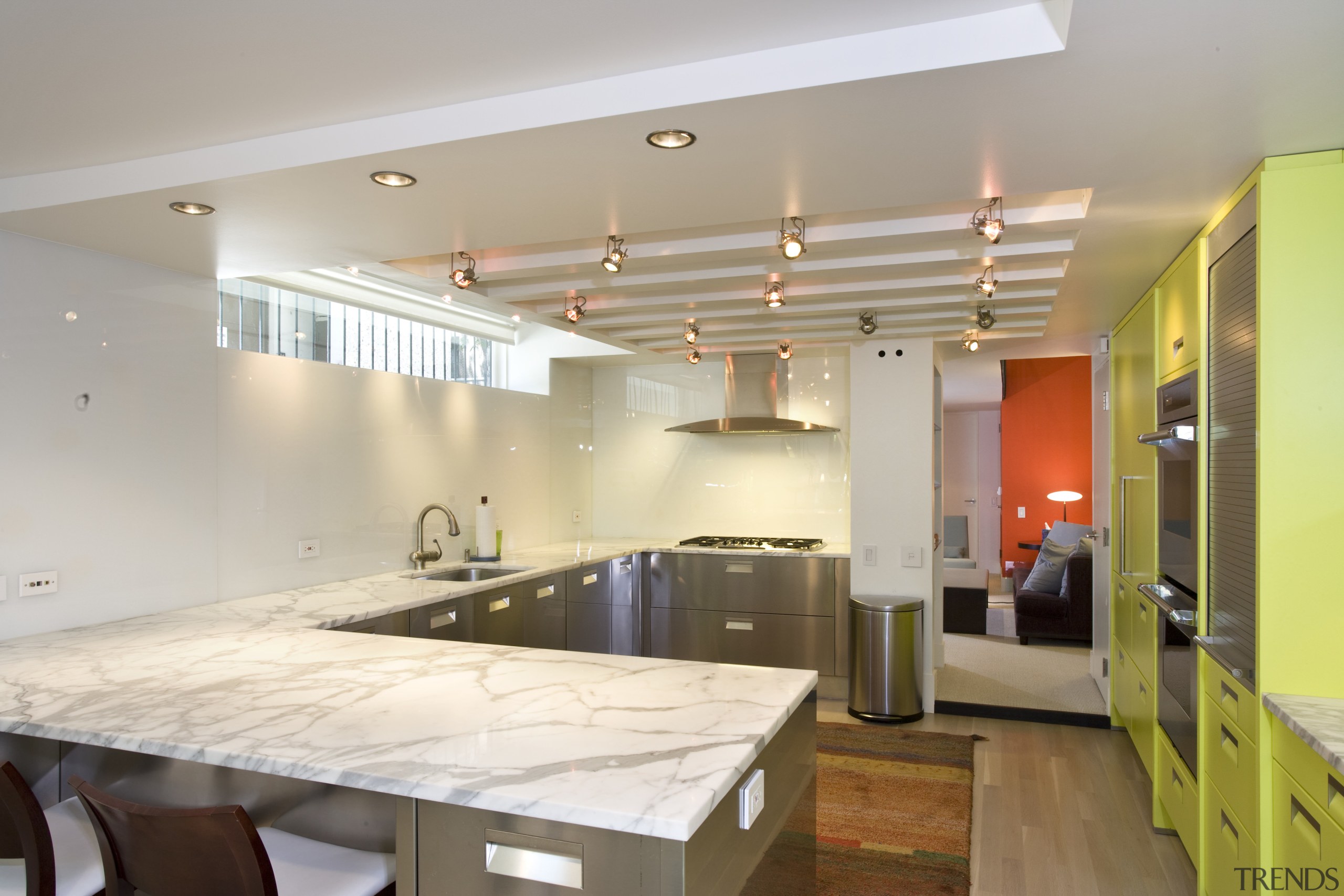 View of kitchen with lime-green cabinetry, marble benchtops, architecture, ceiling, countertop, interior design, kitchen, real estate, room, gray