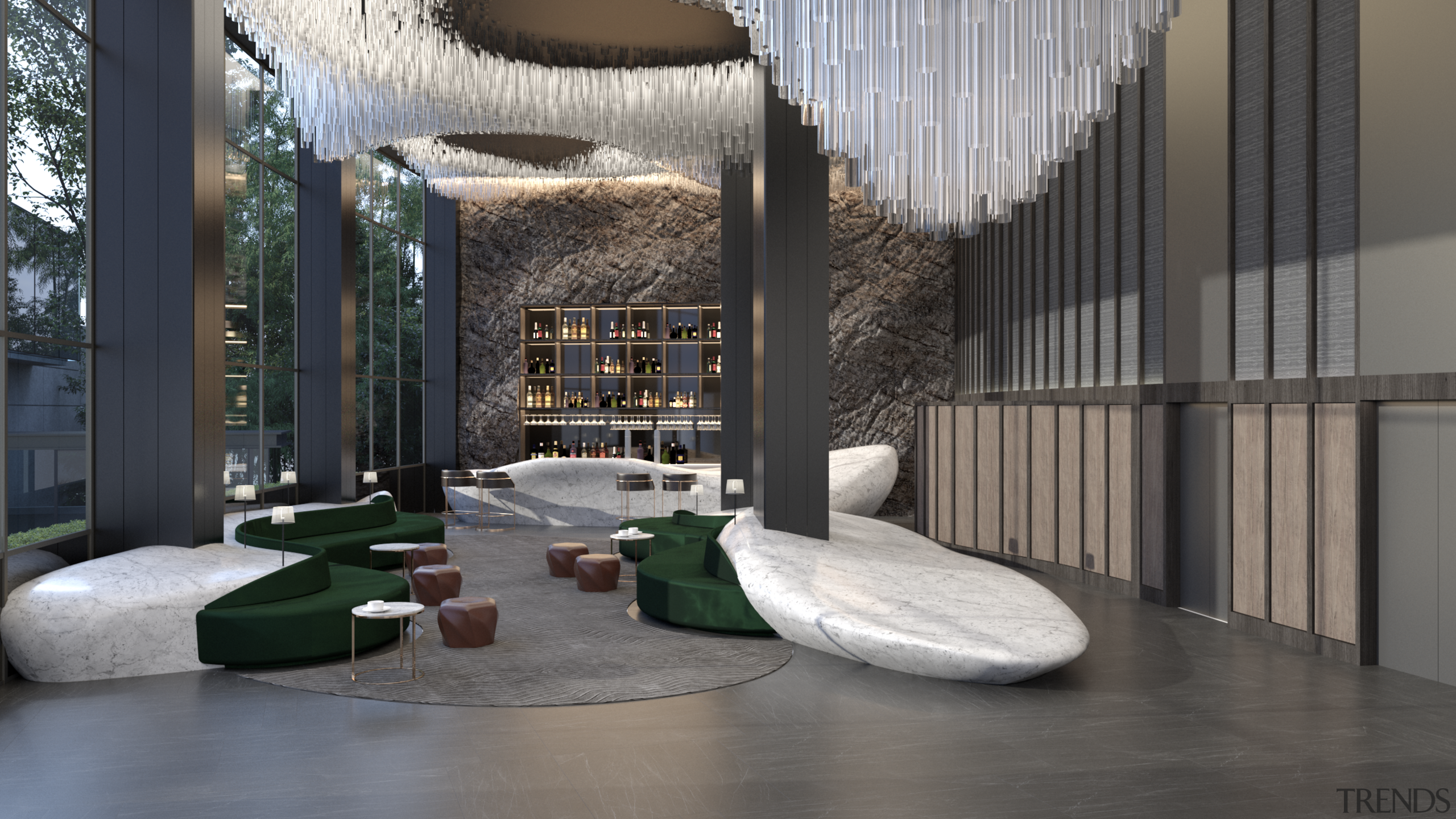 The lobby at the Art Hotel, designed by architecture, building, hotel, China, ceiling, column, floor, flooring, furniture, house, interior design, lobby, pavilion, property, room, gray, black