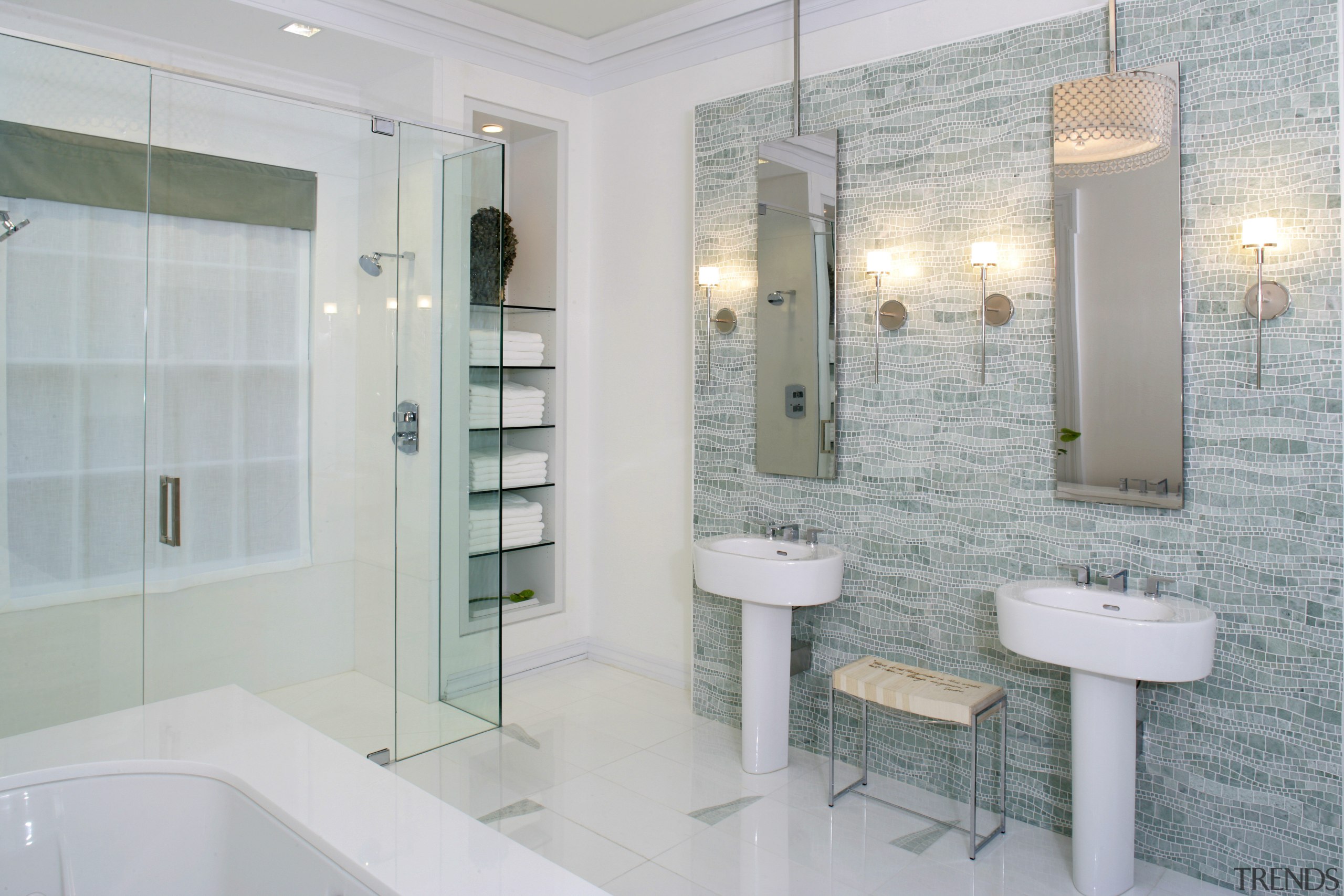 This bathroom, designed by Jamie Drake of Drake bathroom, floor, home, interior design, plumbing fixture, room, tile, gray