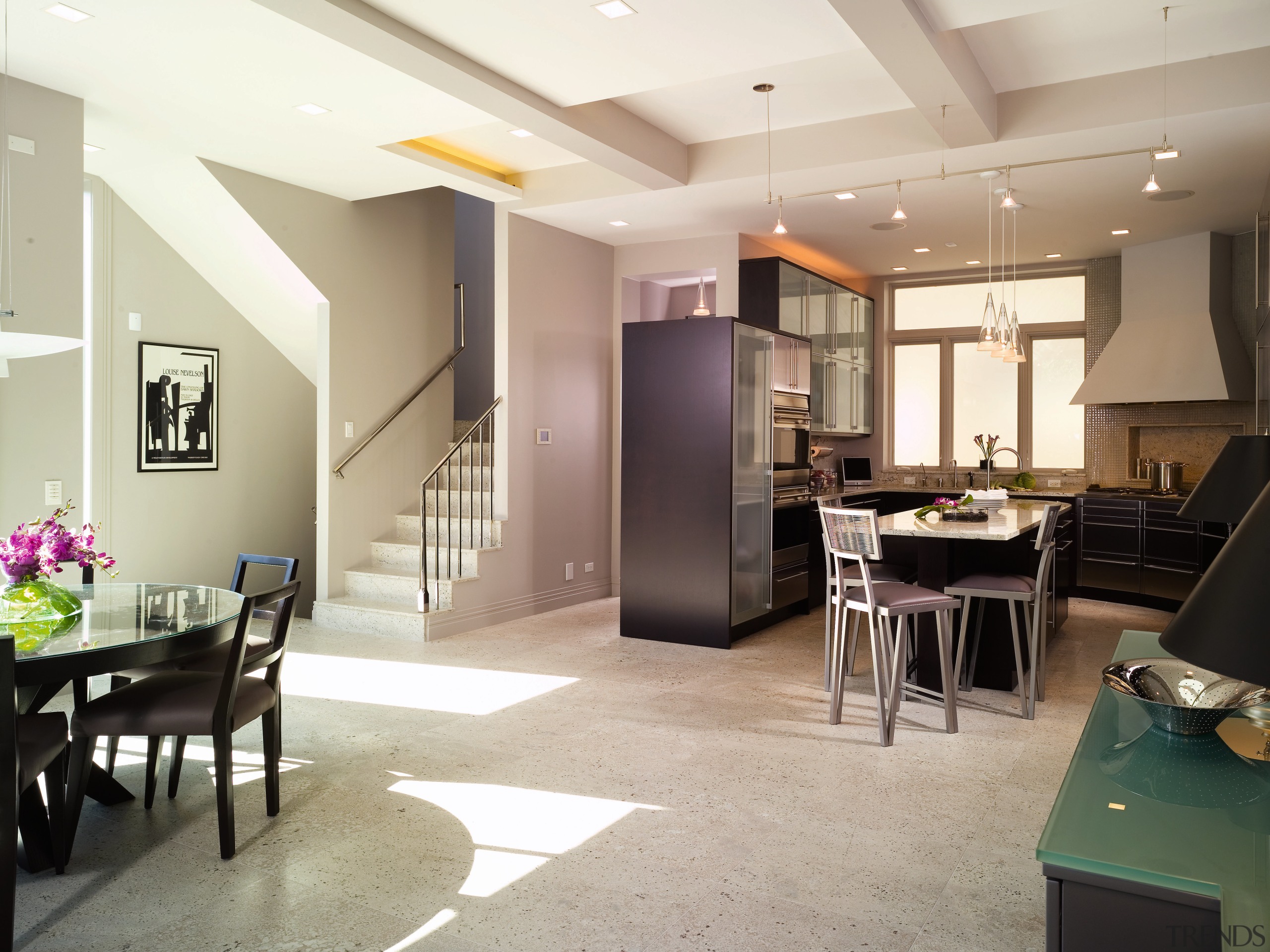 A view of this kitchen and living area ceiling, floor, flooring, interior design, living room, real estate, gray