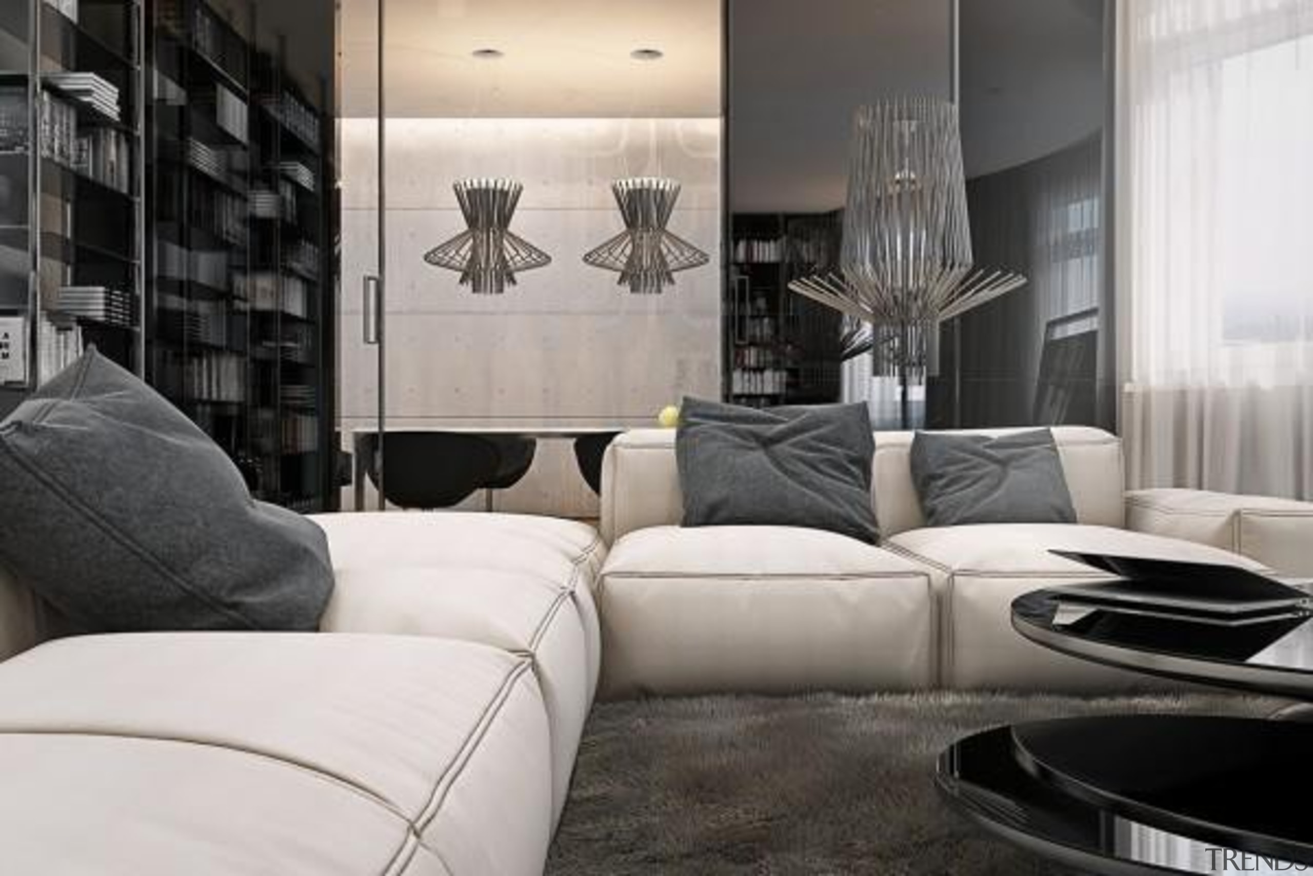 soft shag carpet - Masculine Apartments - angle angle, couch, furniture, home, interior design, living room, room, wall, white, black