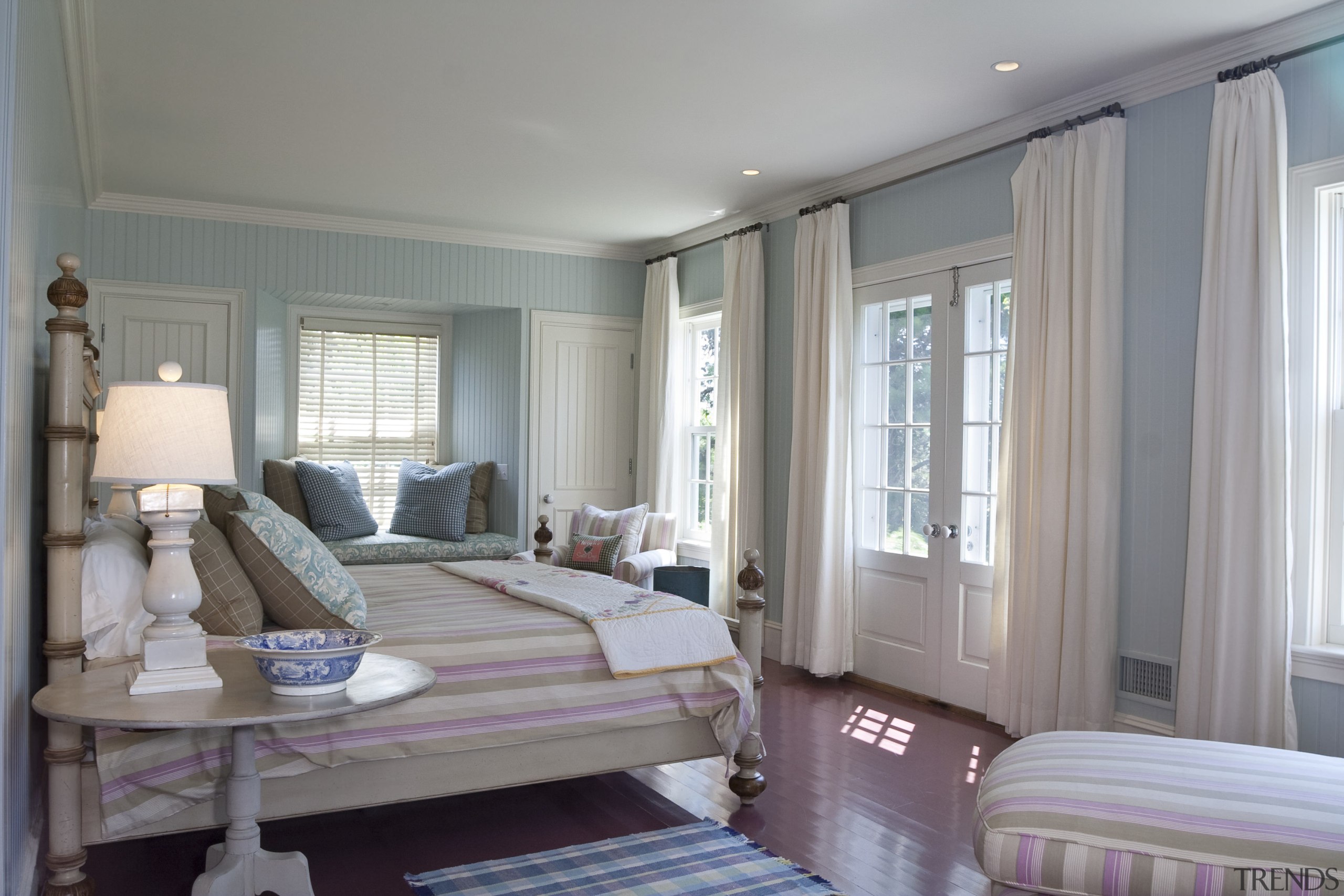 View of bedroom with wooden floors, blue painted bed frame, bedroom, ceiling, estate, home, interior design, living room, property, real estate, room, textile, wall, window, window covering, window treatment, gray