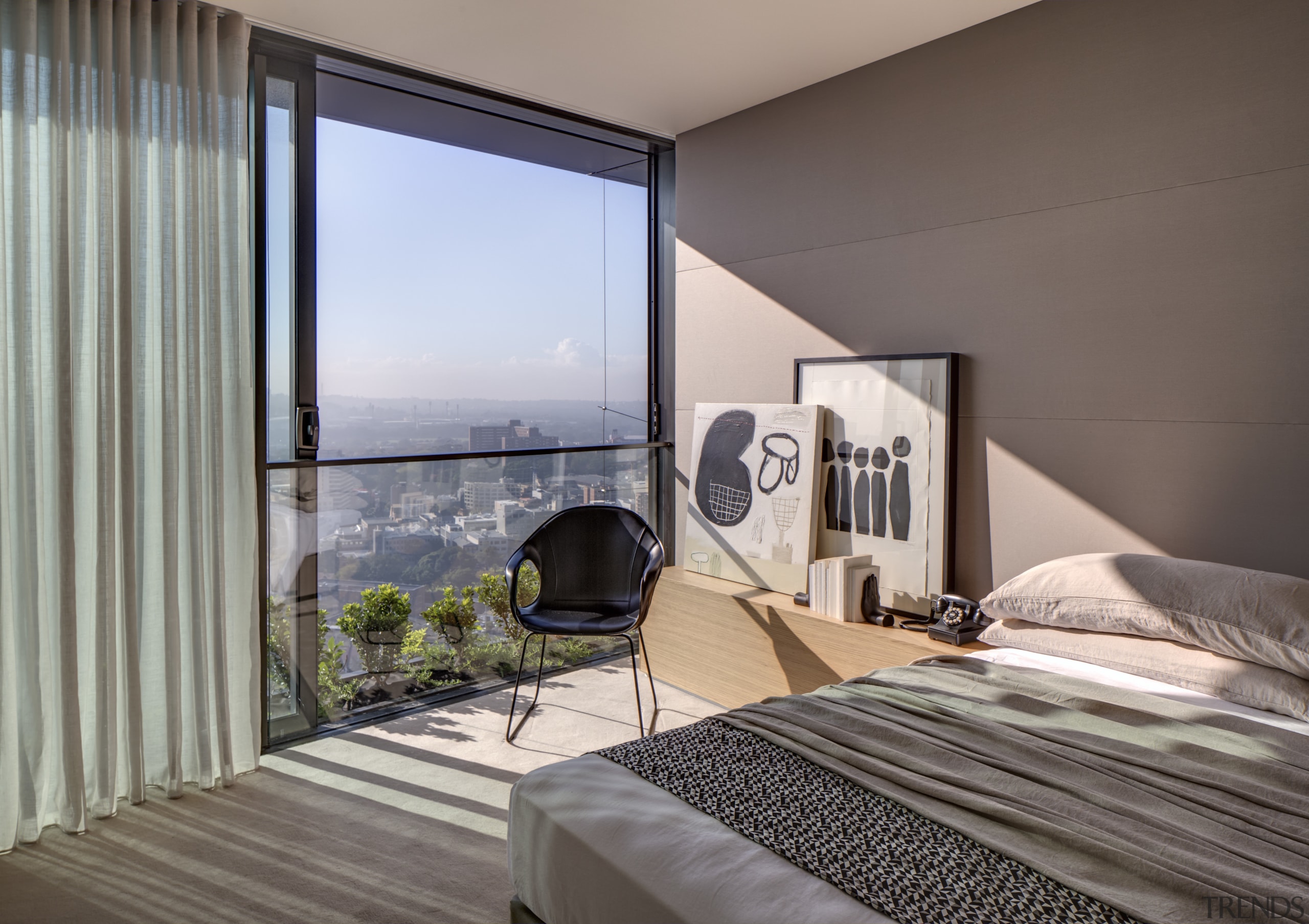 Gardens right outside the apartments at One Central architecture, bedroom, ceiling, condominium, door, home, interior design, property, real estate, room, suite, window, window covering, window treatment, gray