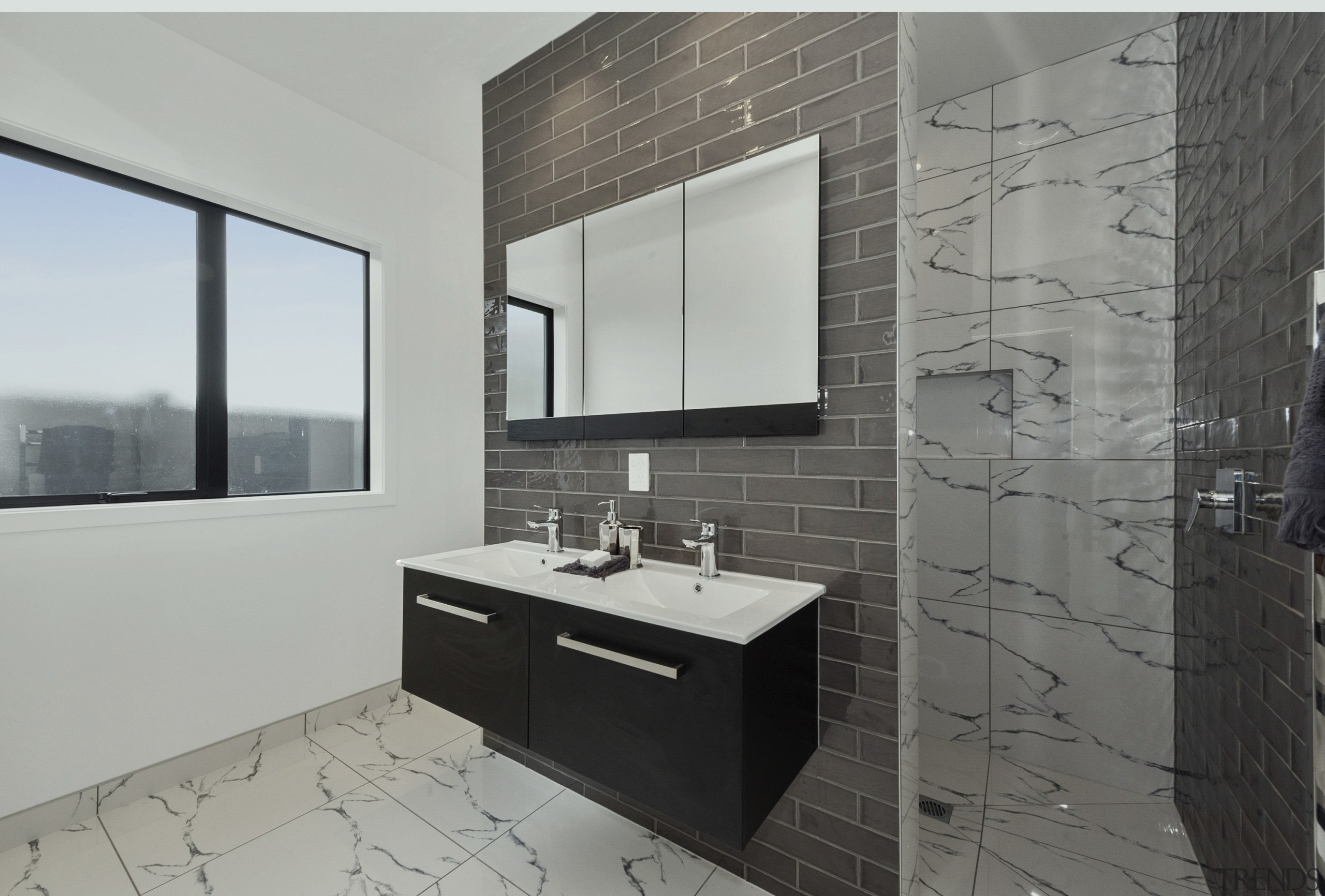 Resene Duck Blue features in this bathroom. - bathroom, bathroom accessory, bathroom cabinet, floor, interior design, room, sink, tile, gray