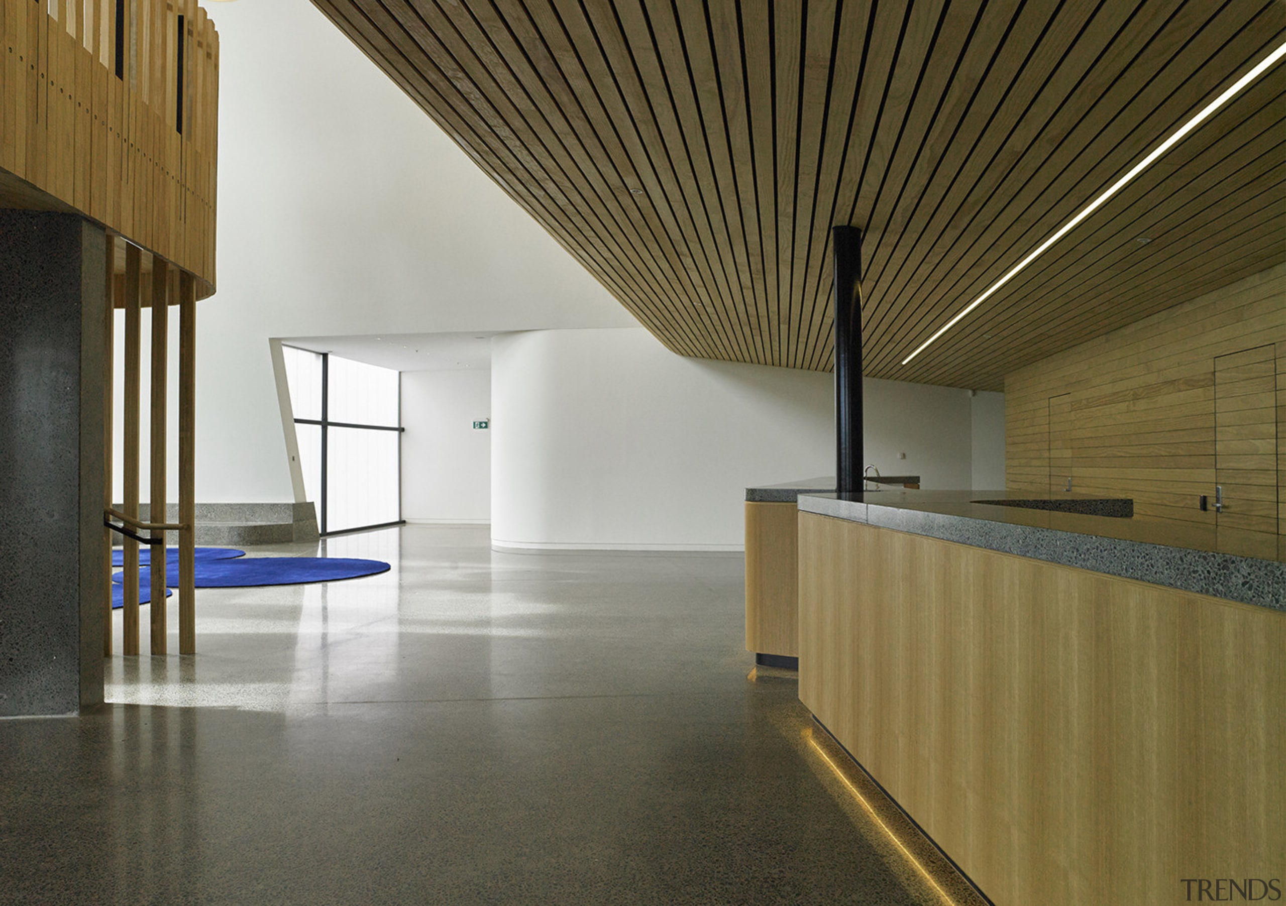 Stevens Lawson Architects specified a simple palette of architecture, ceiling, daylighting, floor, flooring, house, interior design, lobby, real estate, wood, brown, gray