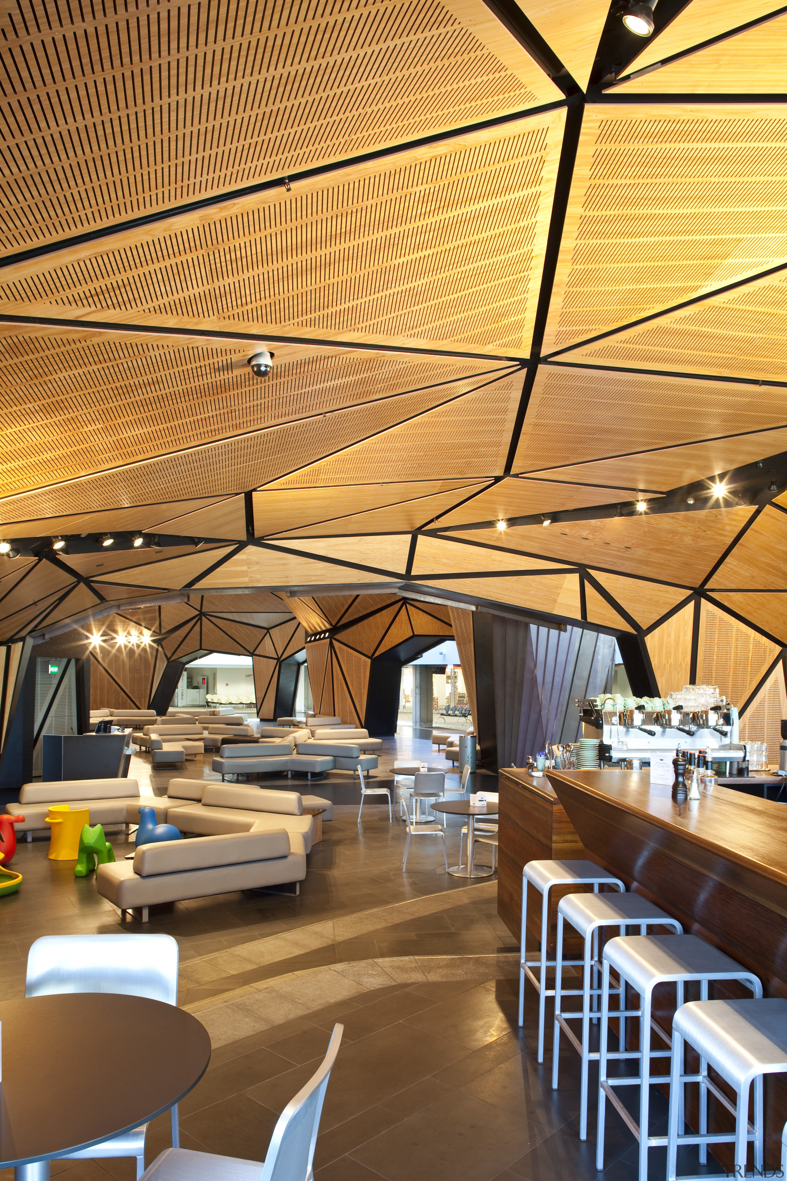View of the new Wellington International Airport the architecture, ceiling, function hall, interior design, restaurant, wood, orange, brown