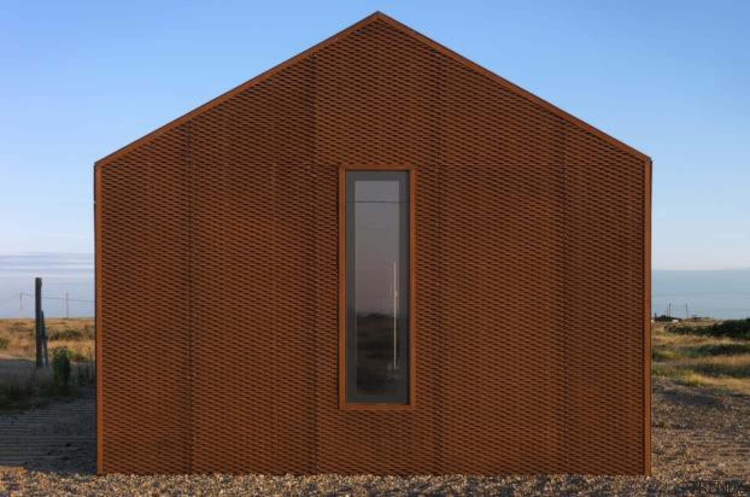 Pobble House, Dungeness, United KingdomGuy Hollaway Architects architecture, building, elevation, facade, home, house, roof, shed, siding, sky, brown, teal