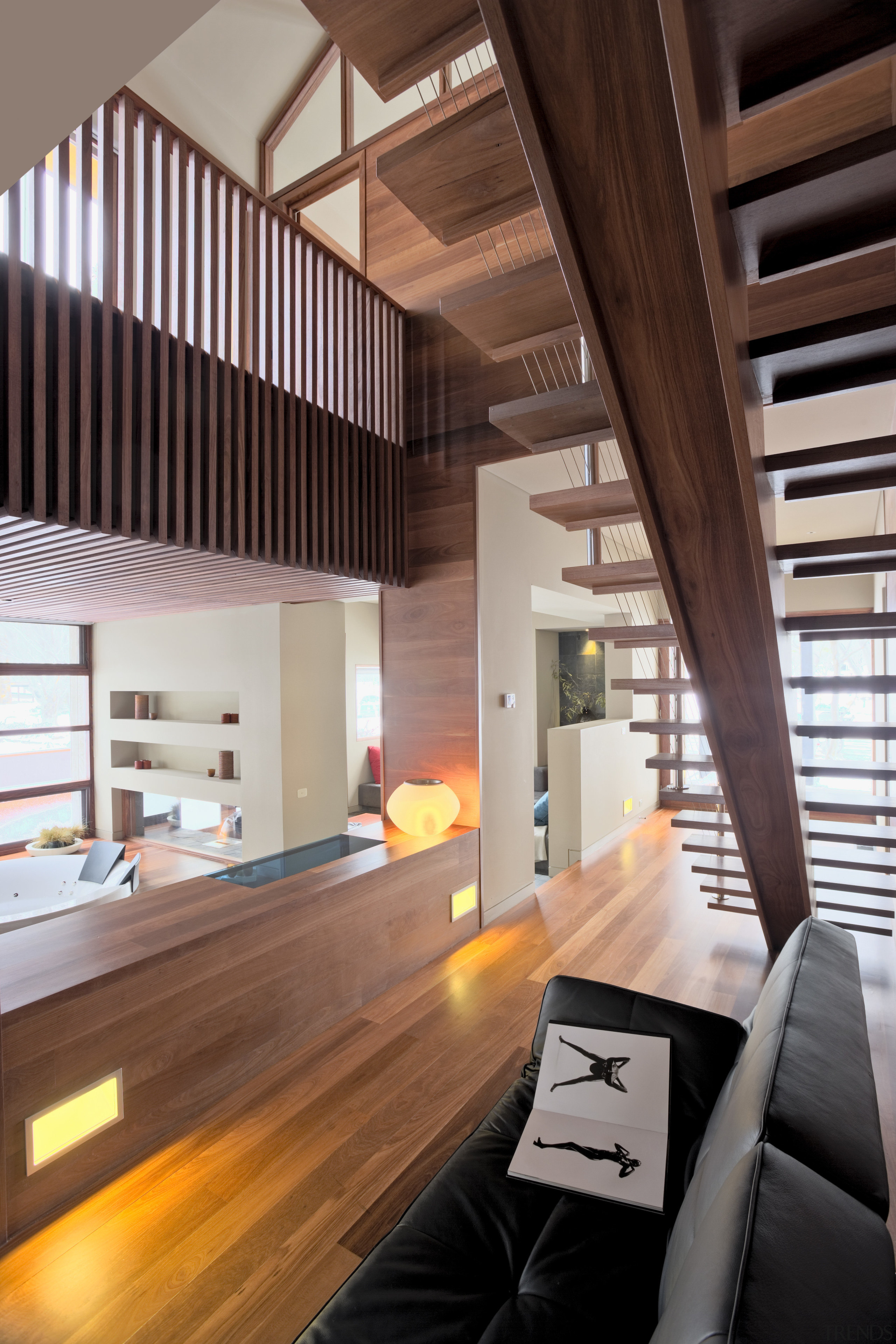 Stairway with bathroom to the left, featuring bathtub architecture, ceiling, daylighting, house, interior design, loft, room, wood, gray