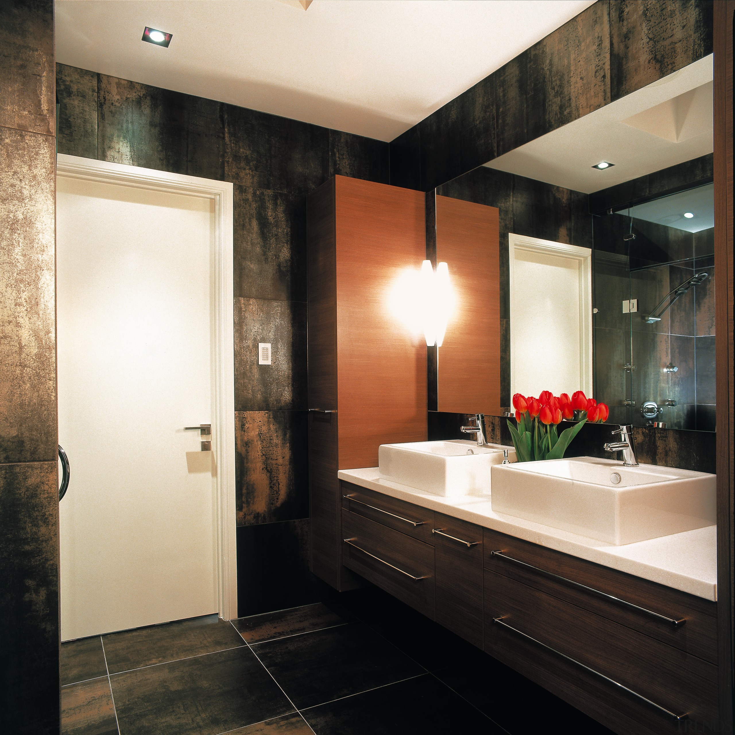 view of the bathroom, double basin vanity, tiled bathroom, ceiling, floor, home, interior design, room, black, white