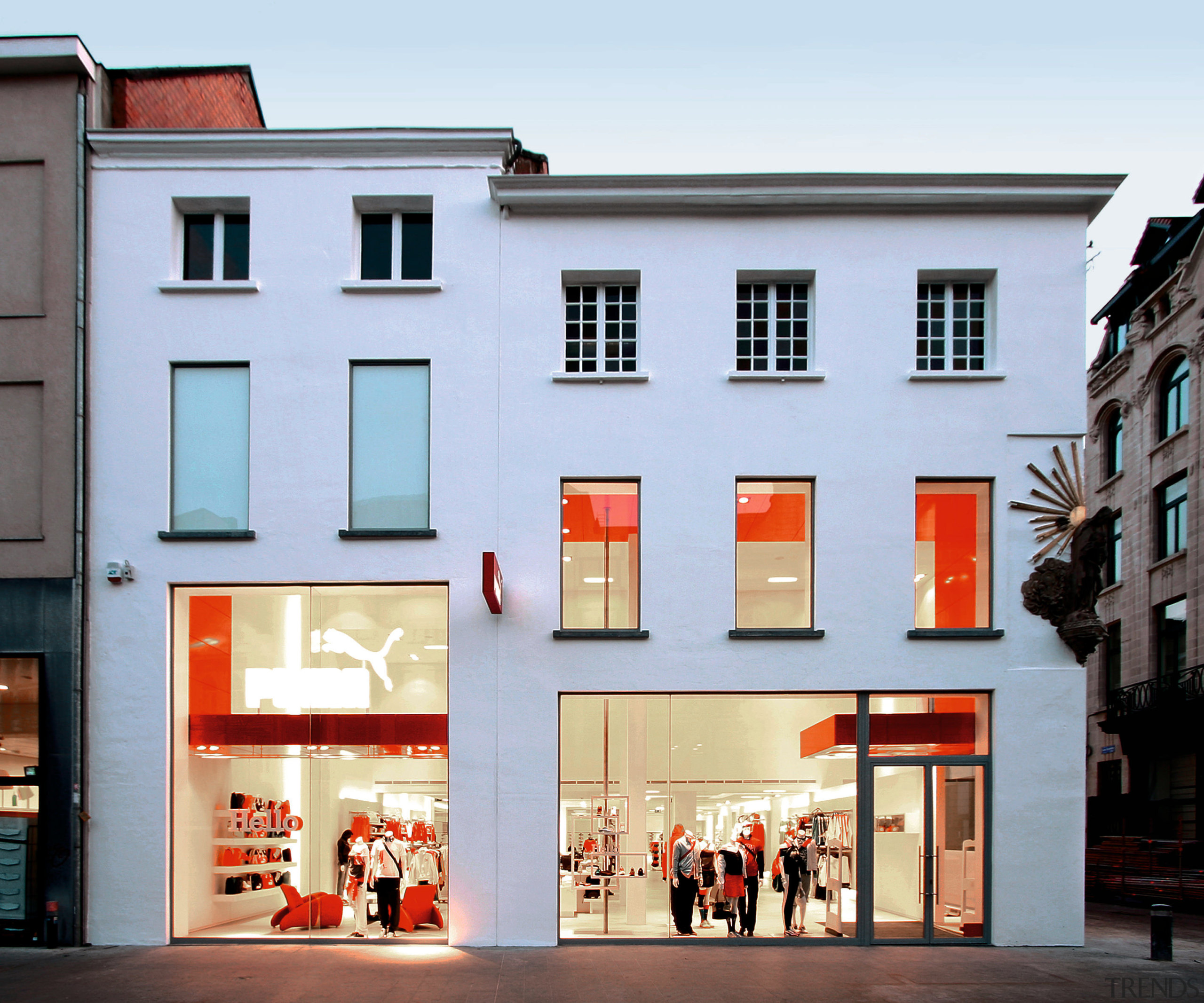 An exterior viow of the puma shopfront,  architecture, building, facade, house, window, teal