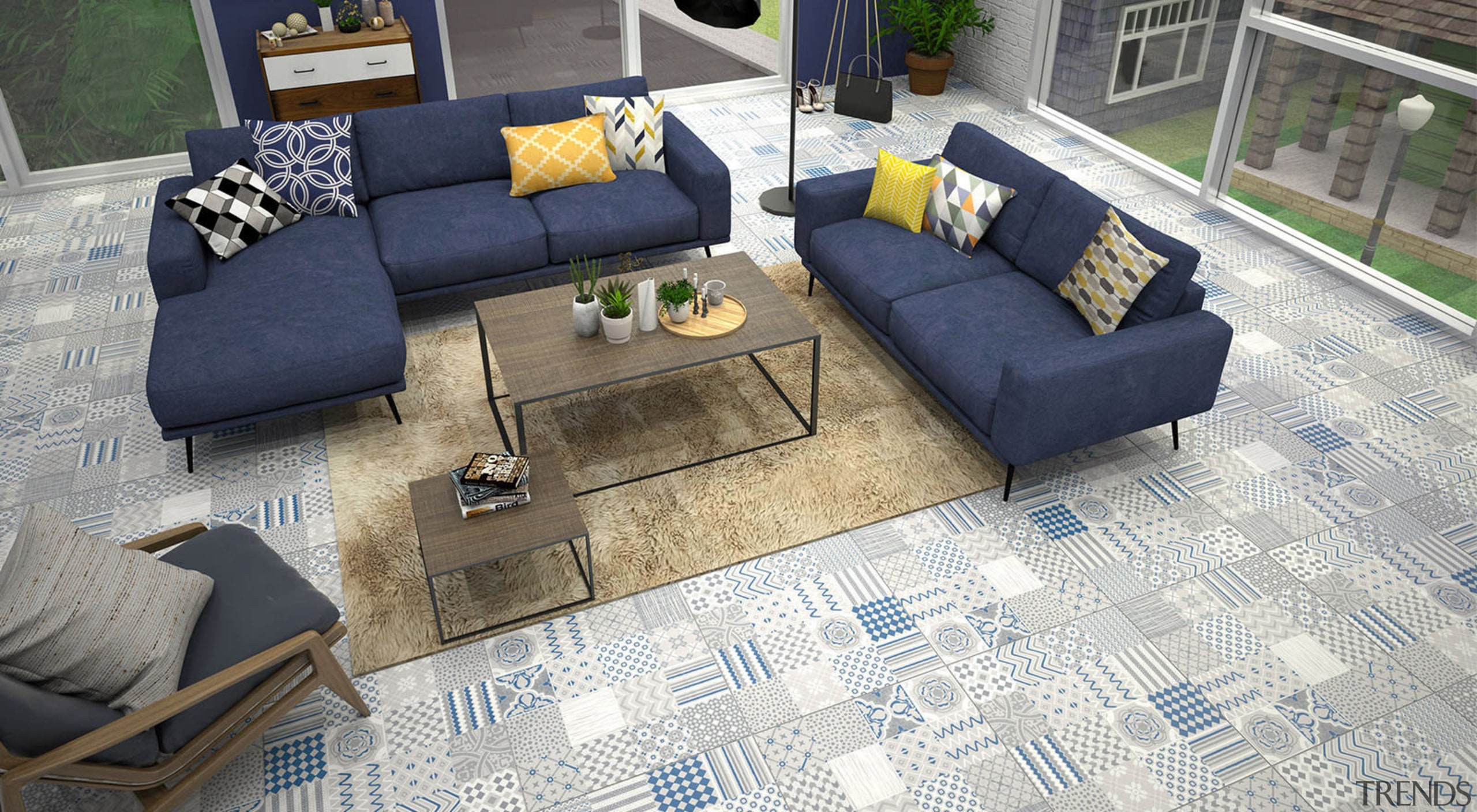 The Graphica collection of 600x600 porcelain tiles is angle, couch, floor, flooring, furniture, home, interior design, living room, table, white