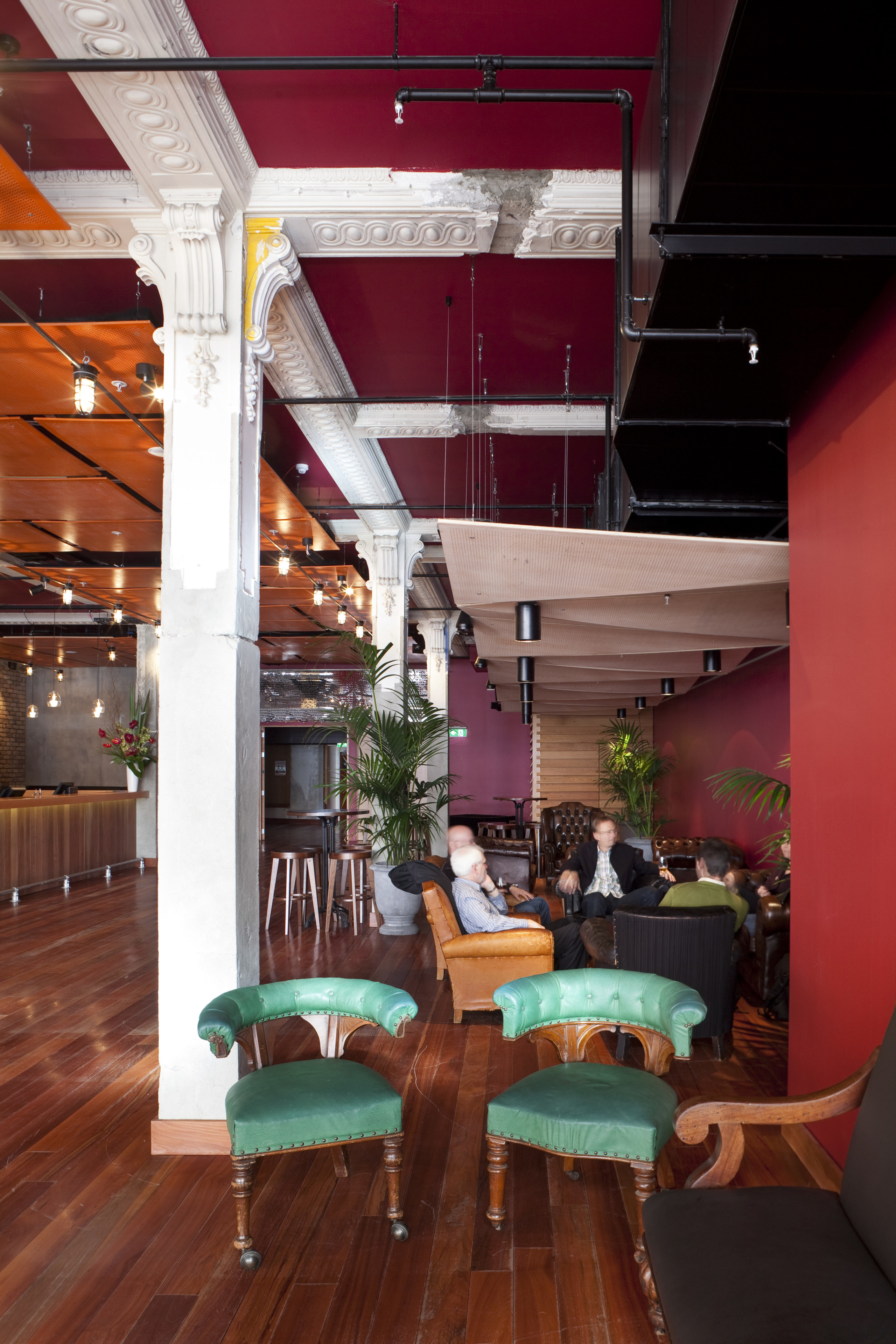 Here is a view of Auckland's Q theatre, architecture, ceiling, interior design, living room, lobby, red